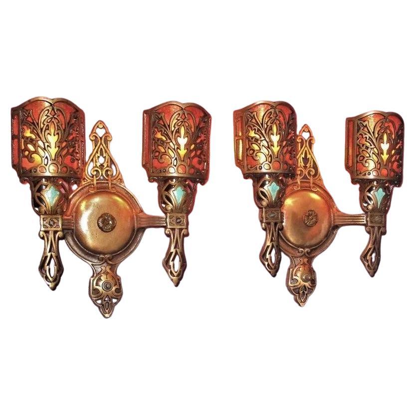 Vintage Bronze 2 Bulb Sconce Lights w/ Mica. 4 pair available. priced per pair
