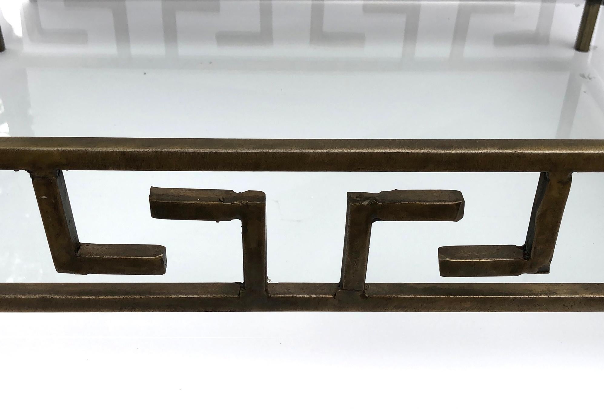 Mid-Century Modern Vintage Bronze 2-Tiered Table with Greek Key Open Fretwork For Sale