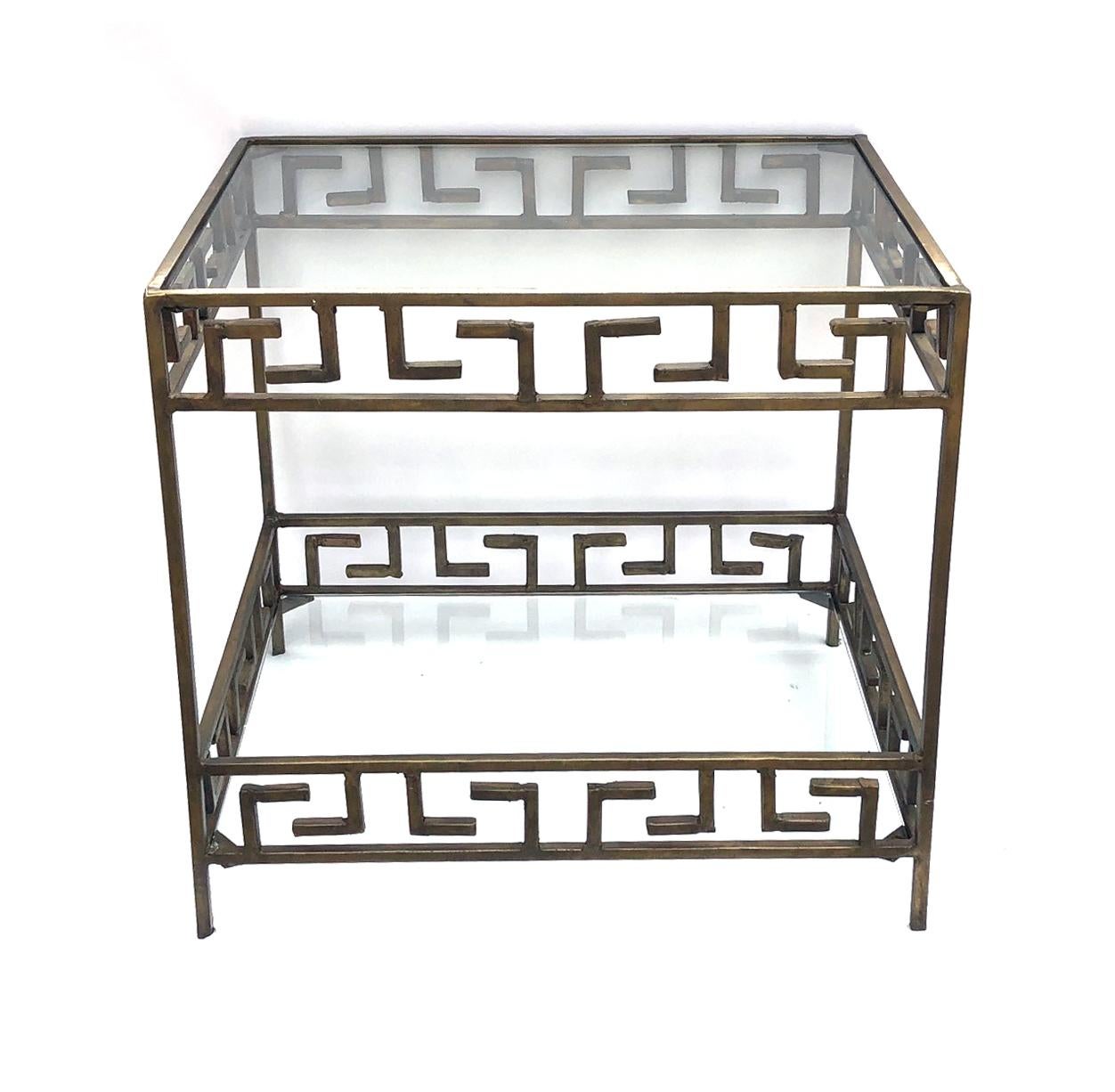 American Vintage Bronze 2-Tiered Table with Greek Key Open Fretwork For Sale