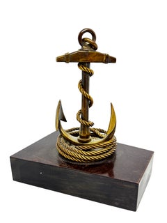 Vintage Bronze Anchor on Wooden Base Statue Paperweight, Austria, 1950s