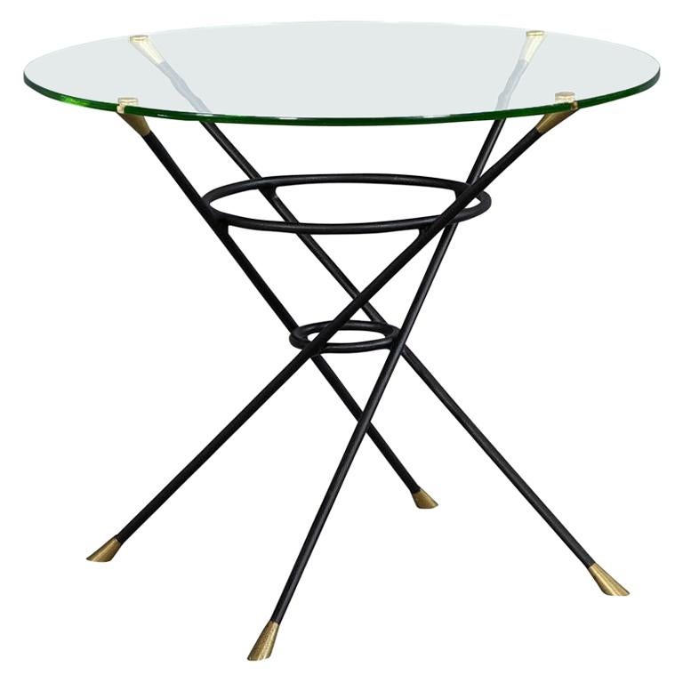 Table d'appoint moderne vintage en bronze et laiton à base Cyclone ronde en verre