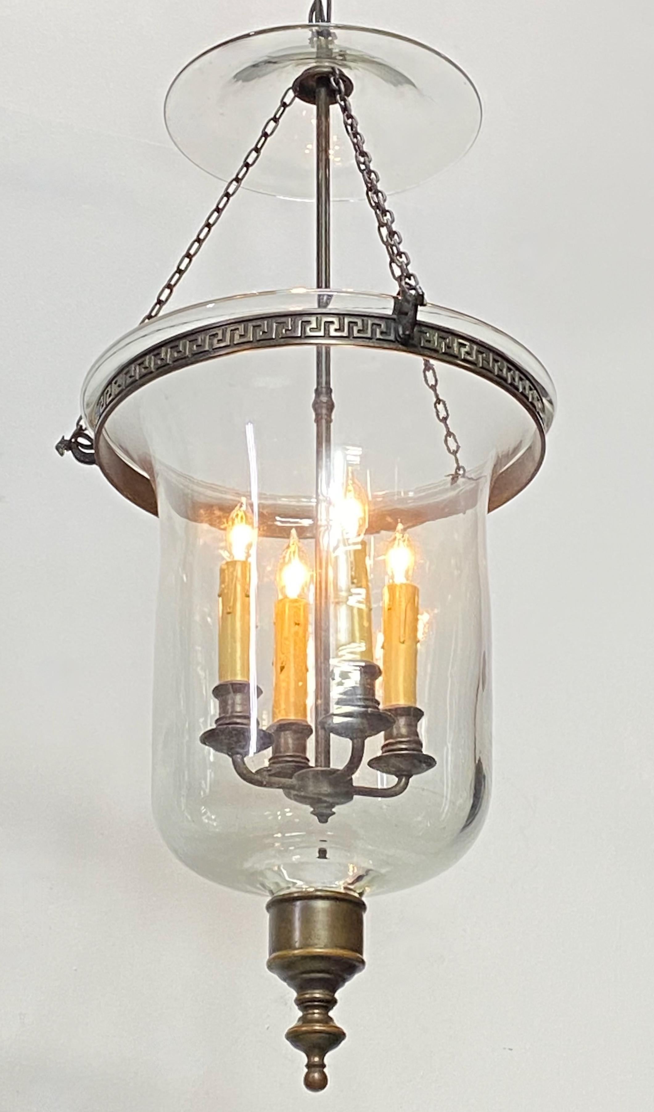 American Vintage Bronze and Glass Hurricane Lantern Pendant Light Fixture