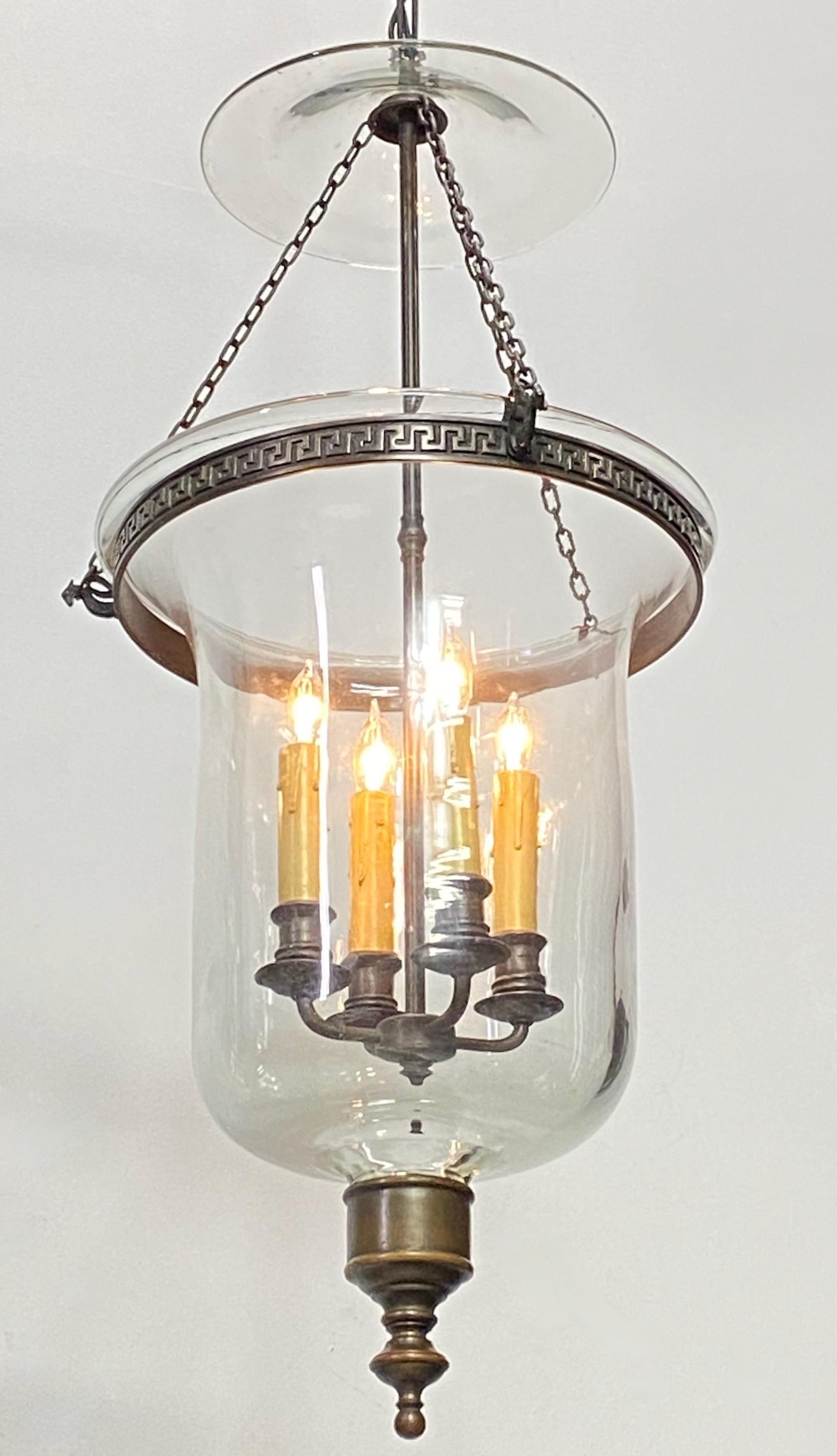 Vintage Bronze and Glass Hurricane Lantern Pendant Light Fixture In Good Condition In San Francisco, CA