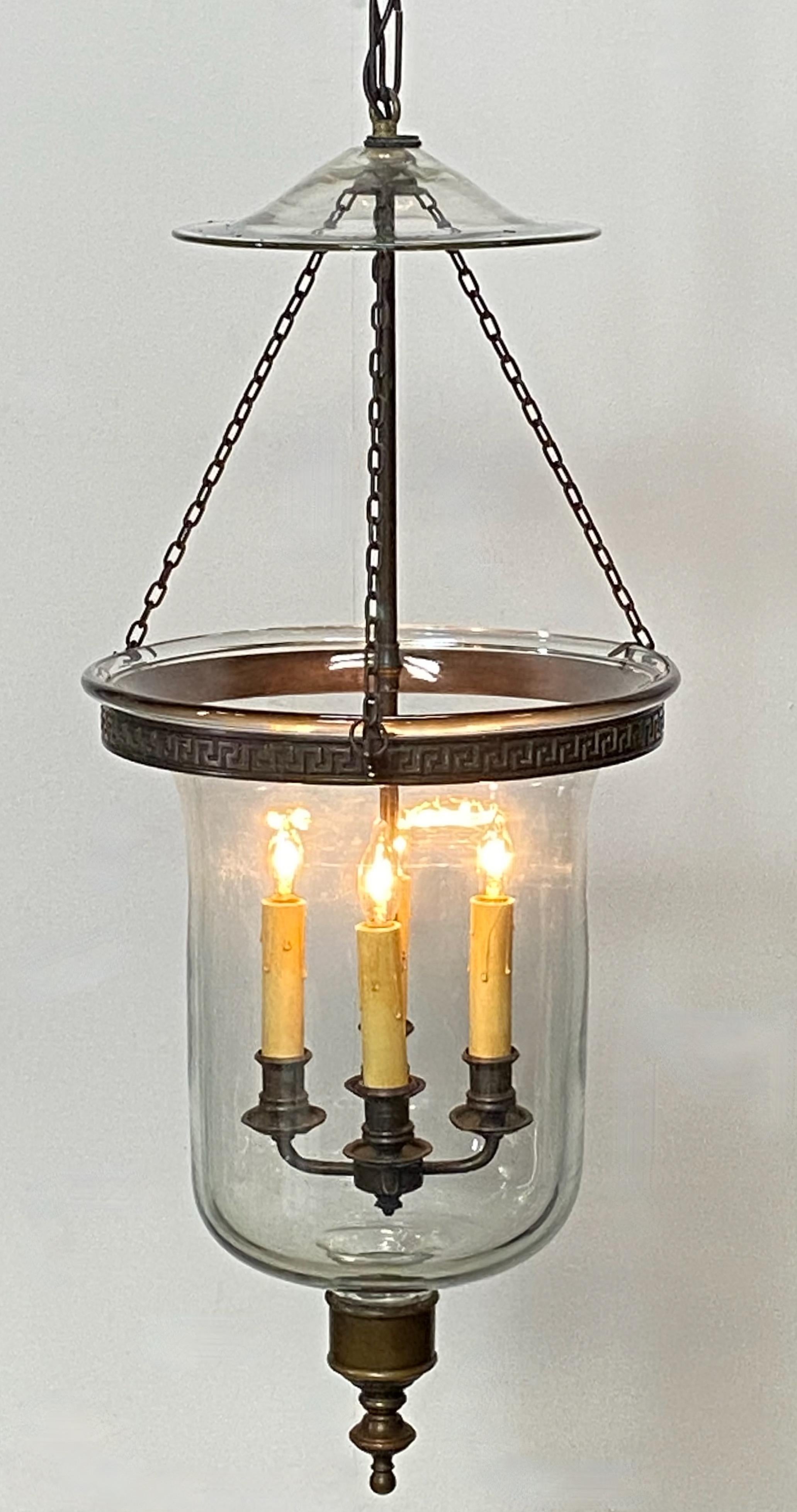 20th Century Vintage Bronze and Glass Hurricane Lantern Pendant Light Fixture