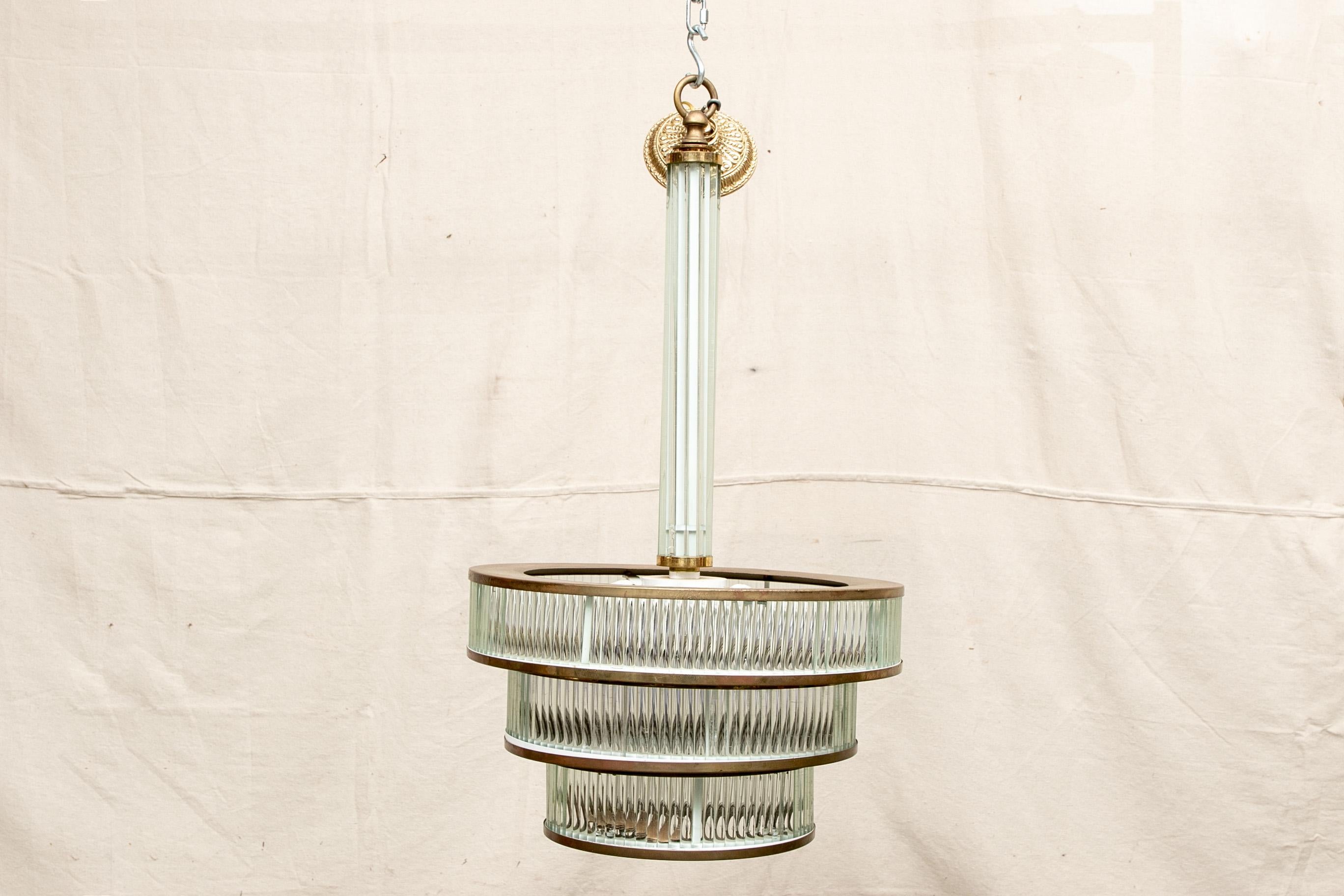 20th Century Vintage Bronze and Glass Tiered Fixture