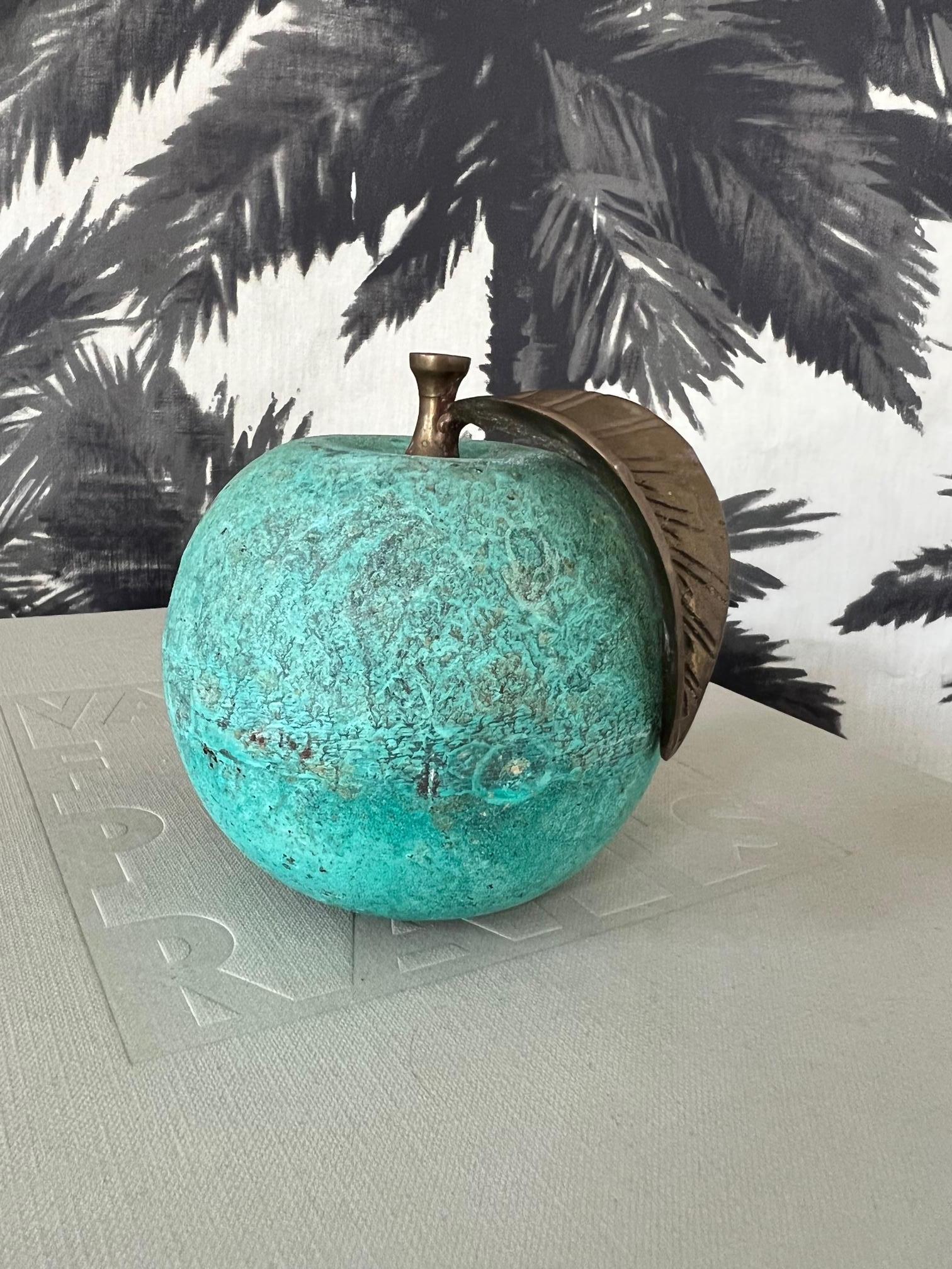 Vintage Bronze Apple Paperweight with Green Oxidized Patina, c. 1970's 2