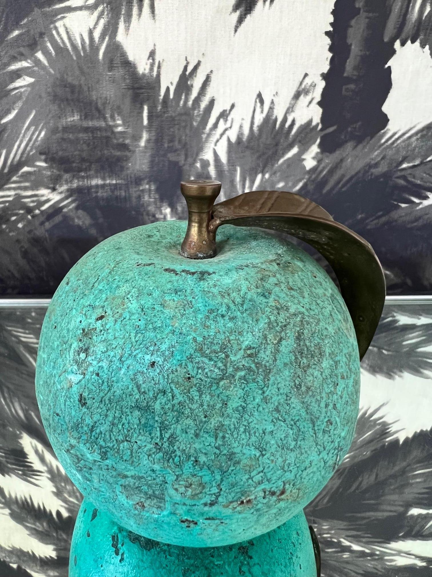French Vintage Bronze Apple Paperweight with Green Oxidized Patina, c. 1970's