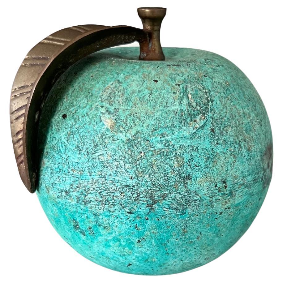 Vintage Bronze Apple Paperweight with Green Oxidized Patina, c. 1970's