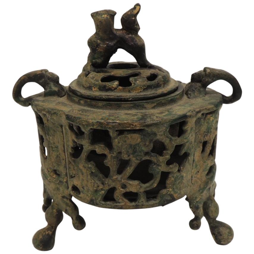 Vintage Bronze Asian Incense Burner with Foo Dog Cover Lid For Sale
