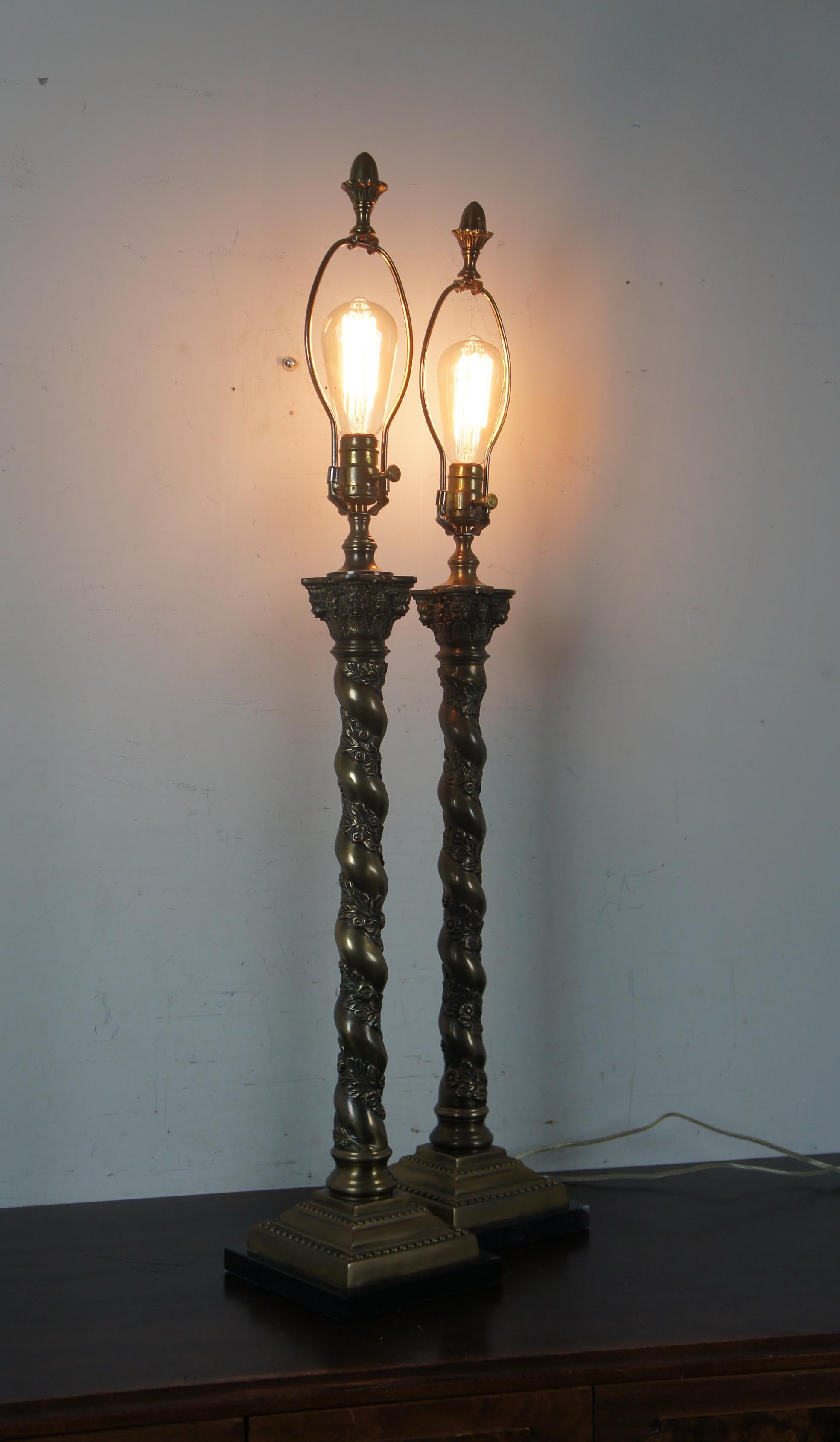 Vintage Bronze Barley Twisted Table Lamps Corinthian Column Cherub Marble 6