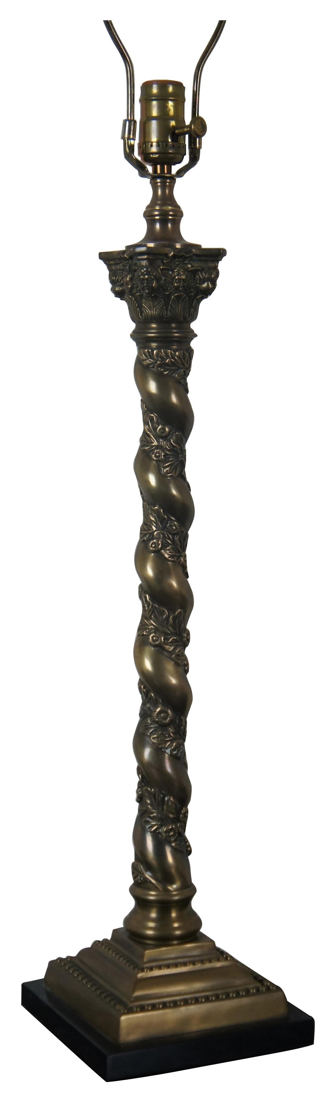 Greco Roman Vintage Bronze Barley Twisted Table Lamps Corinthian Column Cherub Marble