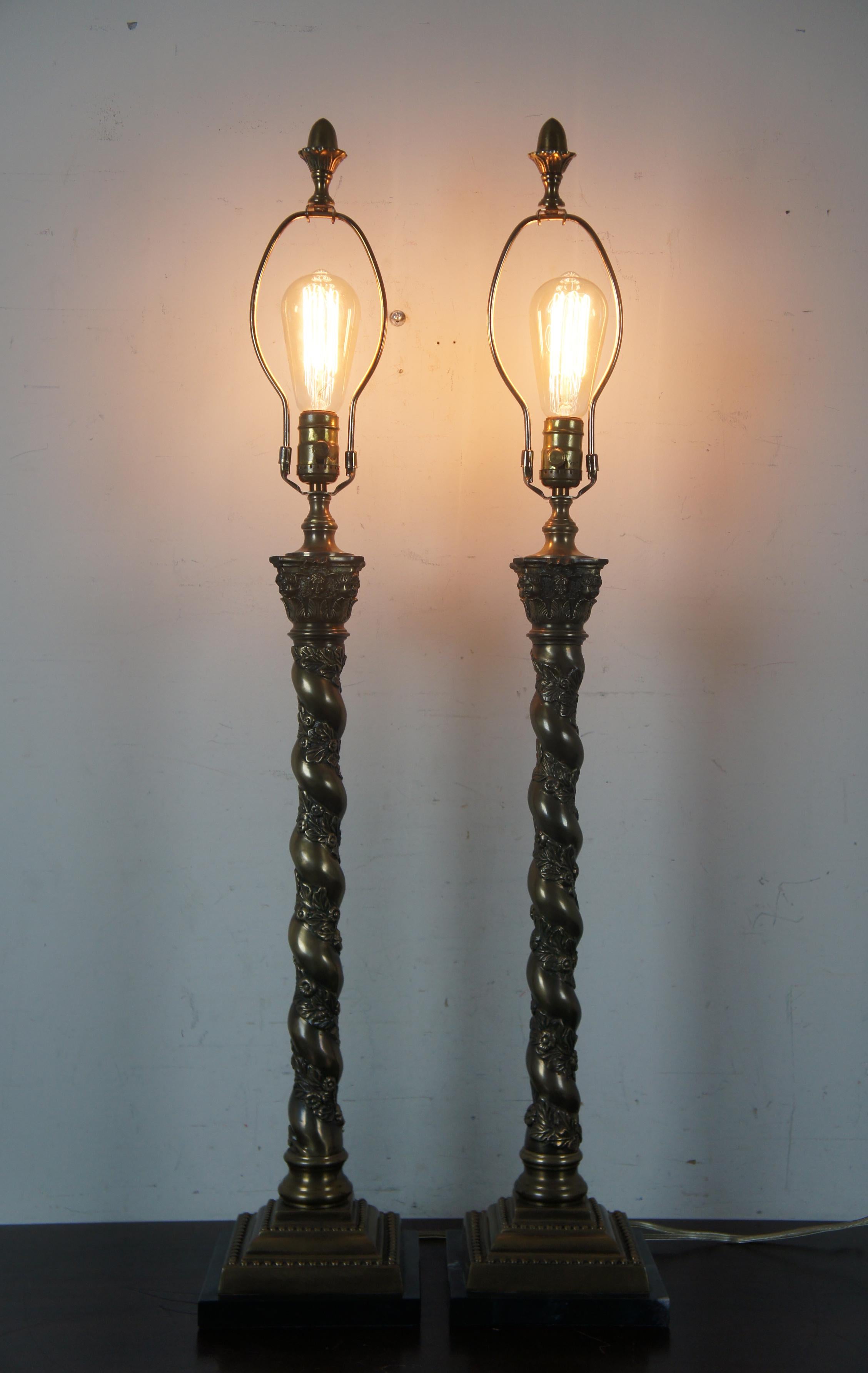 Vintage Bronze Barley Twisted Table Lamps Corinthian Column Cherub Marble In Good Condition In Dayton, OH