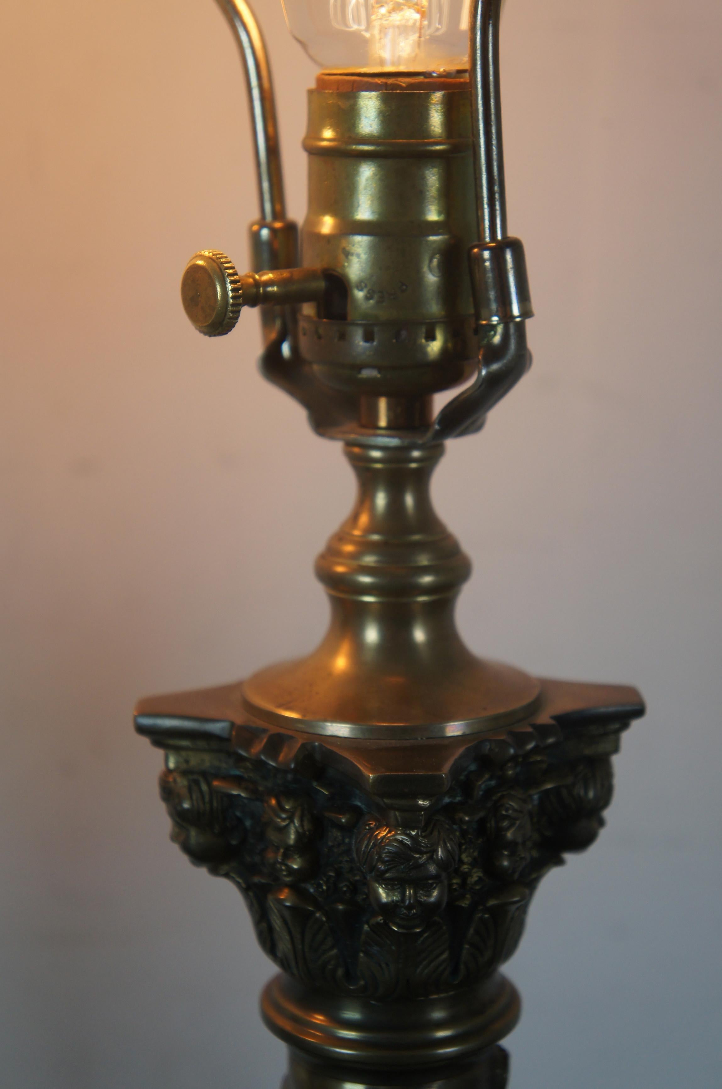 Vintage Bronze Barley Twisted Table Lamps Corinthian Column Cherub Marble 1
