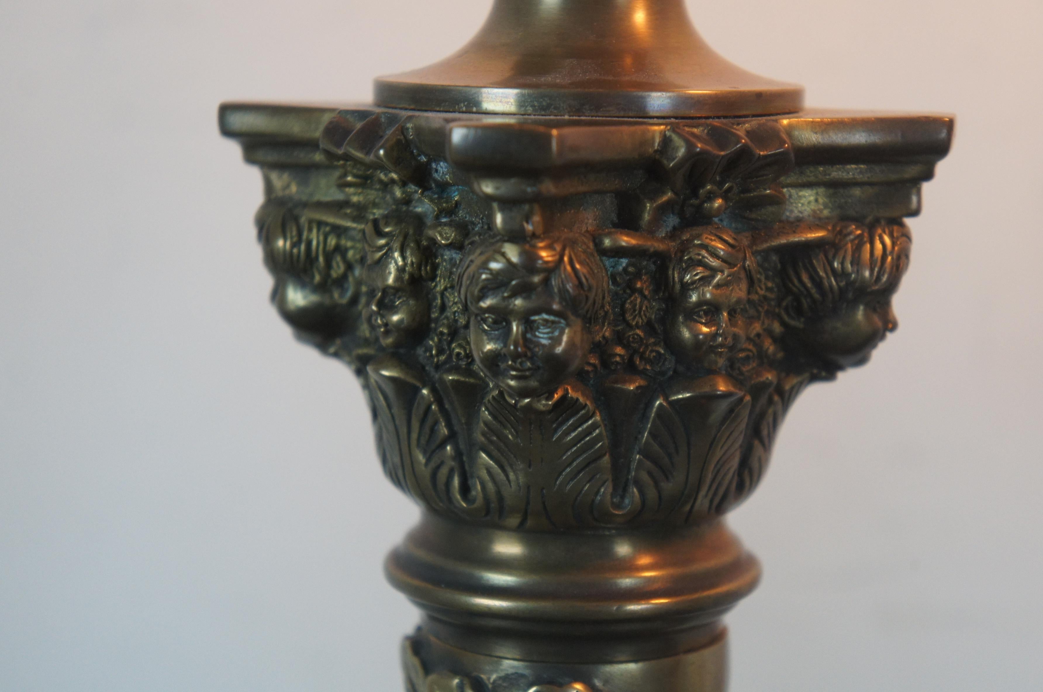 Vintage Bronze Barley Twisted Table Lamps Corinthian Column Cherub Marble 2