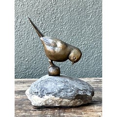 Vintage Bronze Bird Sculpture on Stone Base