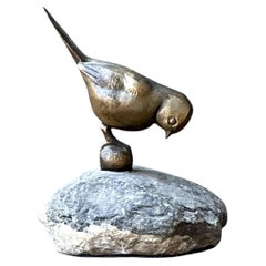 Vintage Bronze Bird Sculpture on Stone Base