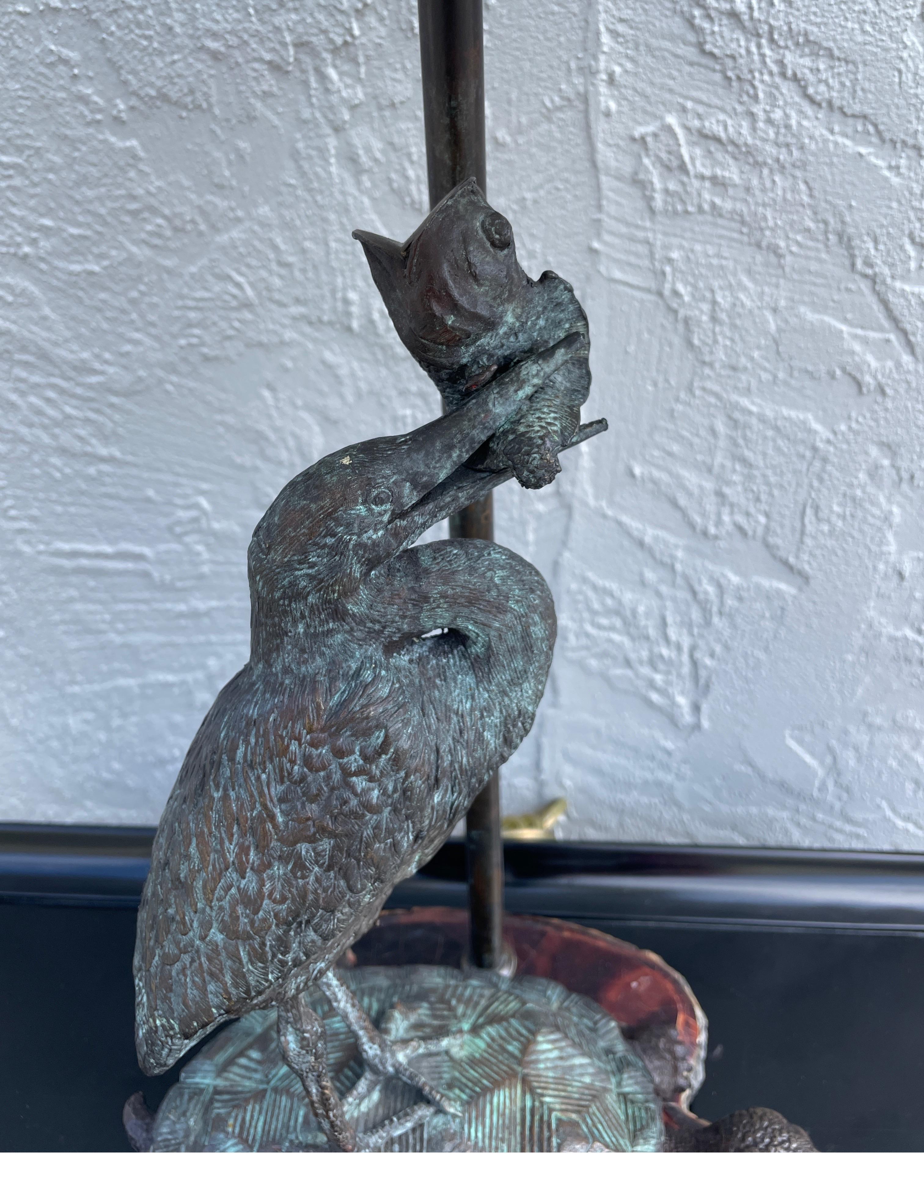 Vintage Bronze Bird & Turtle Lamp on Pen Shell Base For Sale 3