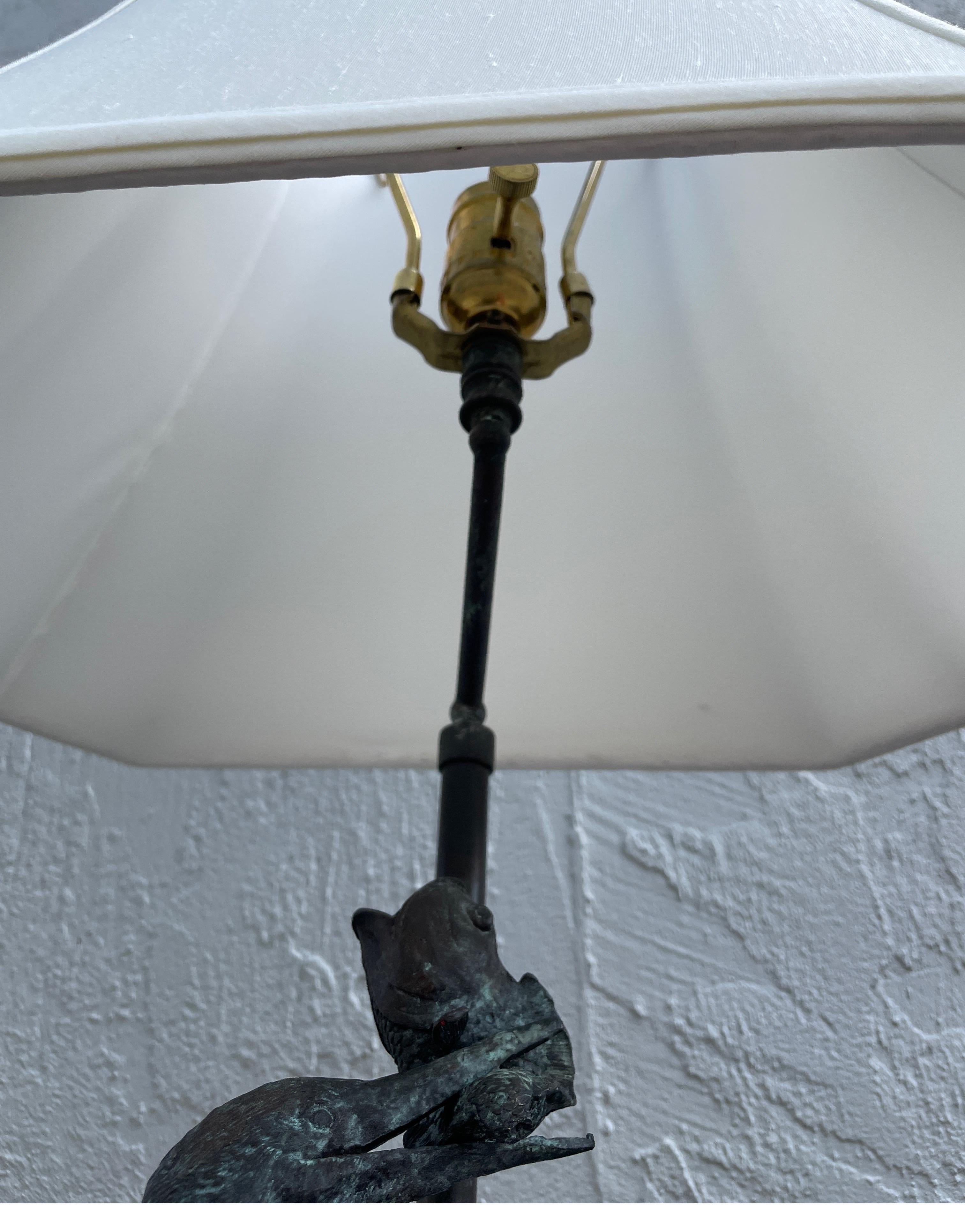 Vintage Bronze Bird & Turtle Lamp on Pen Shell Base For Sale 4