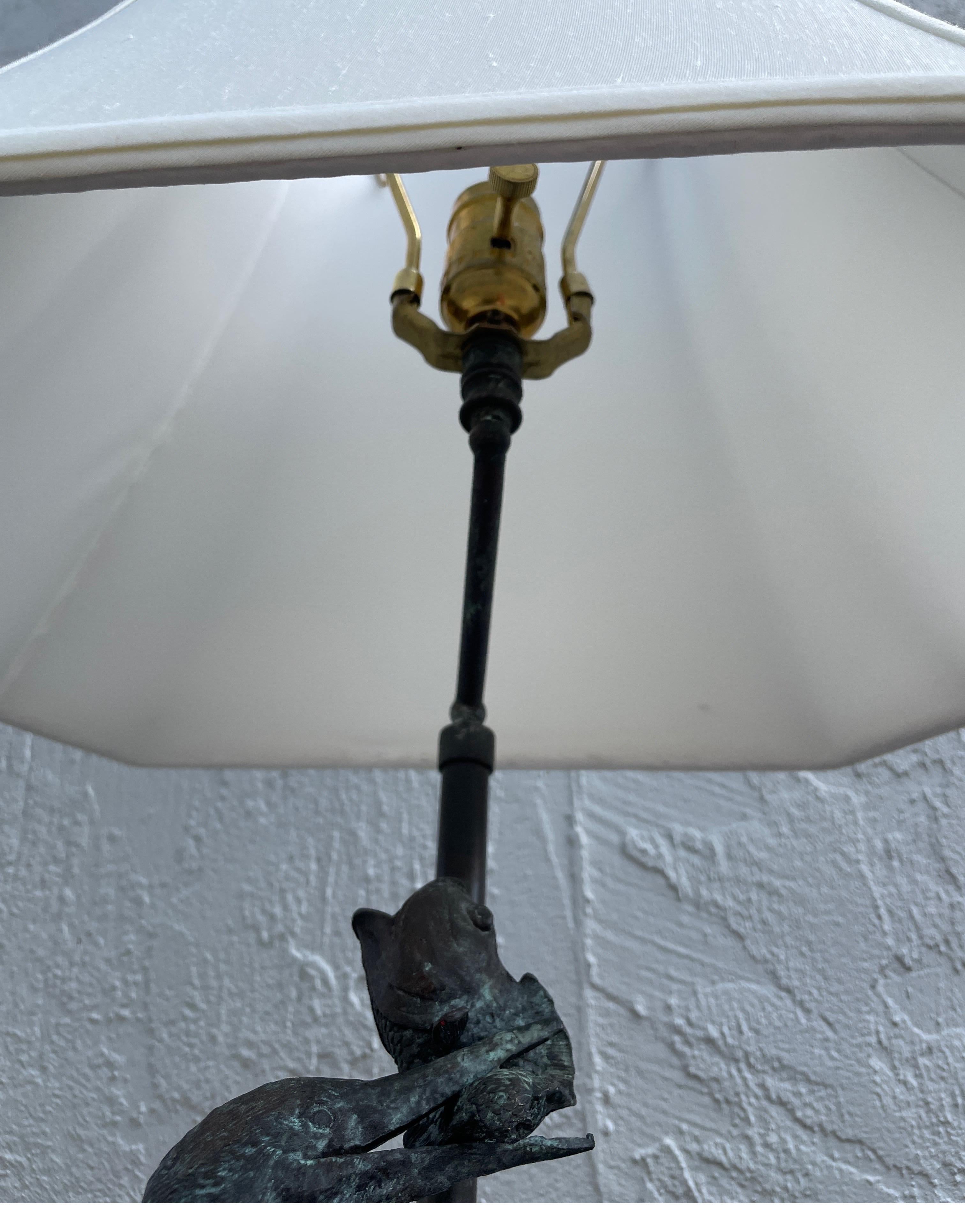 Vintage Bronze Bird & Turtle Lamp on Pen Shell Base For Sale 4