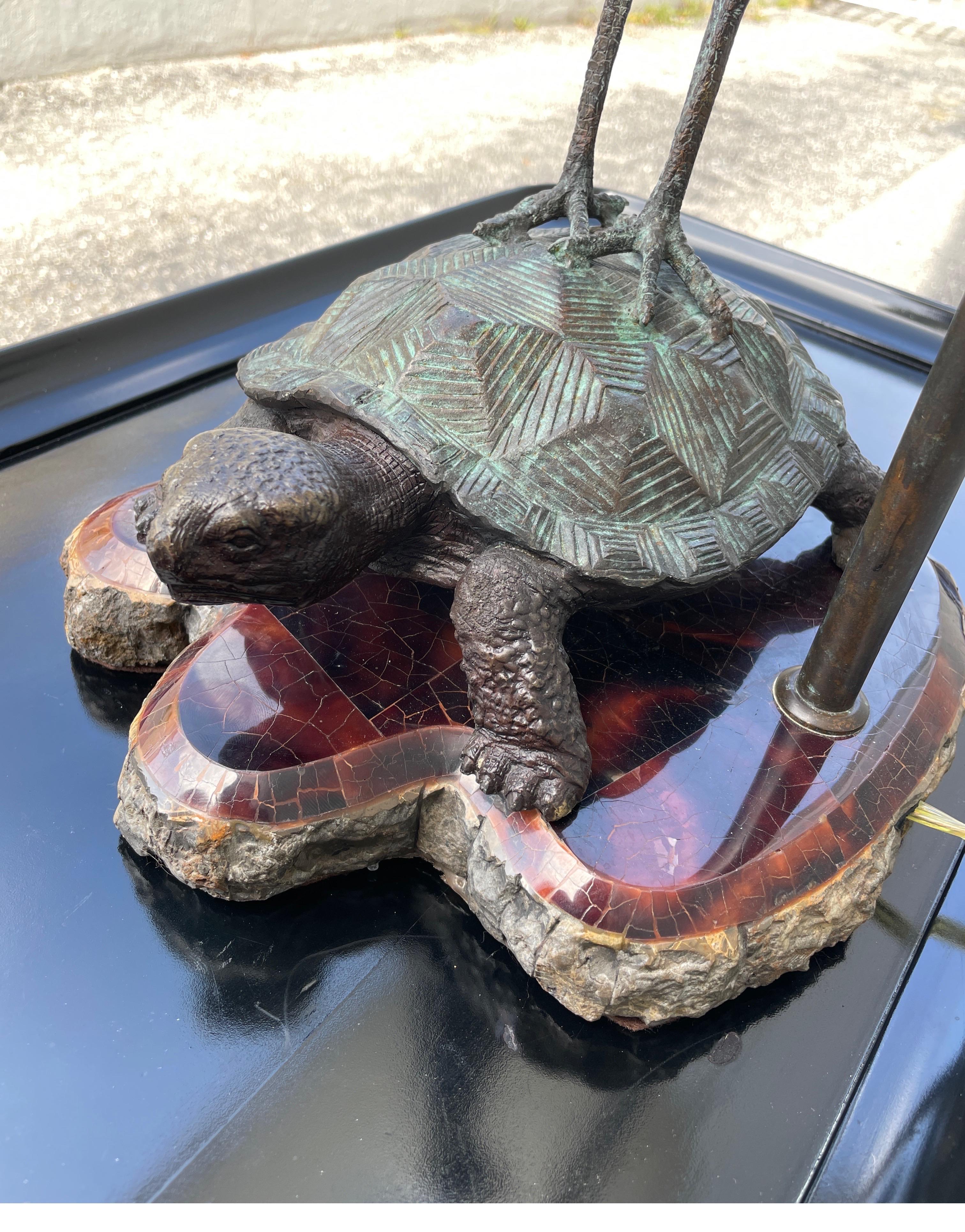 Vintage Bronze Bird & Turtle Lamp on Pen Shell Base For Sale 6