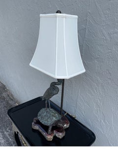 Vintage Bronze Table Lamp with Bird on Turtle on Pen shell Base