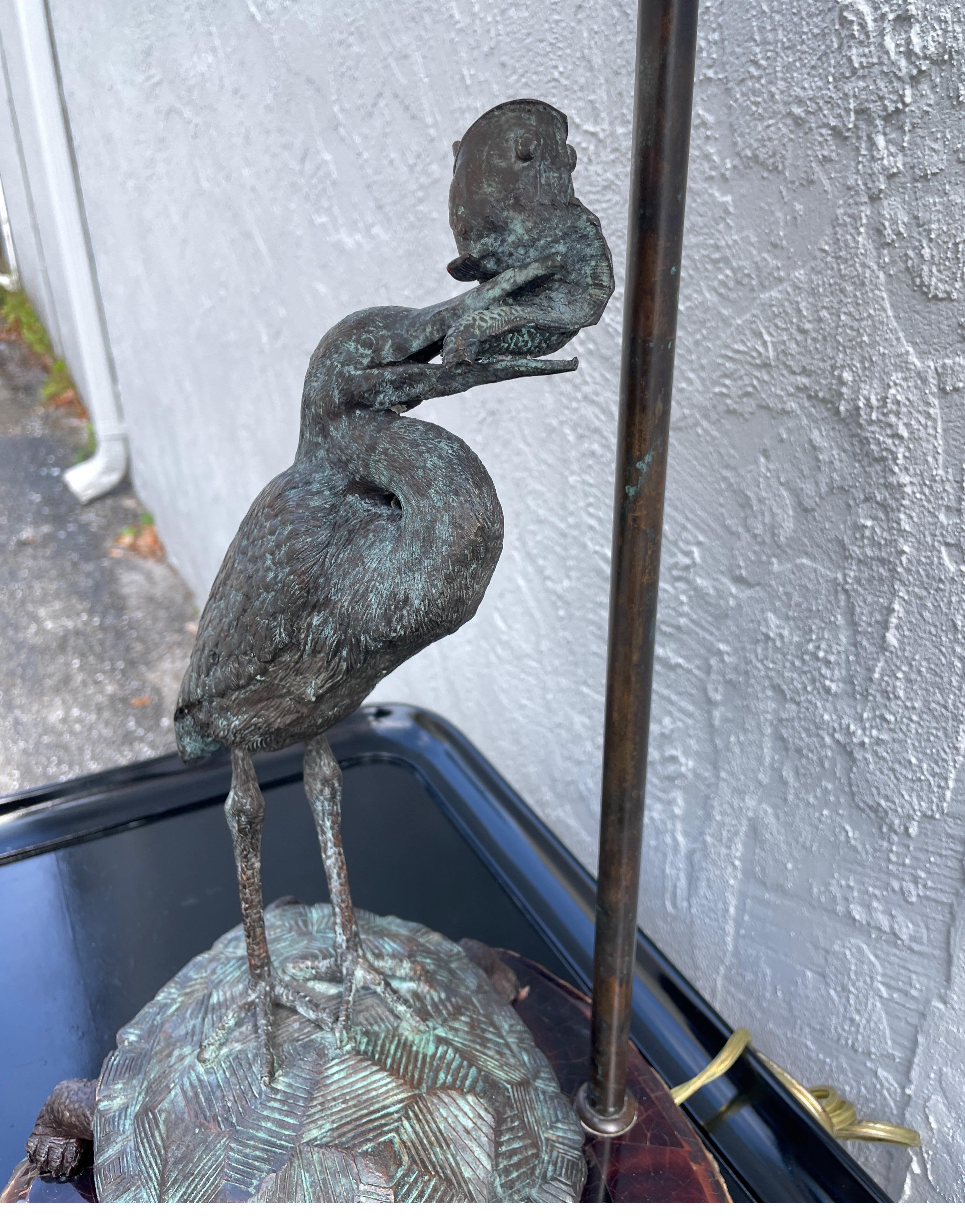 Vintage Bronze Bird & Turtle Lamp on Pen Shell Base For Sale 2