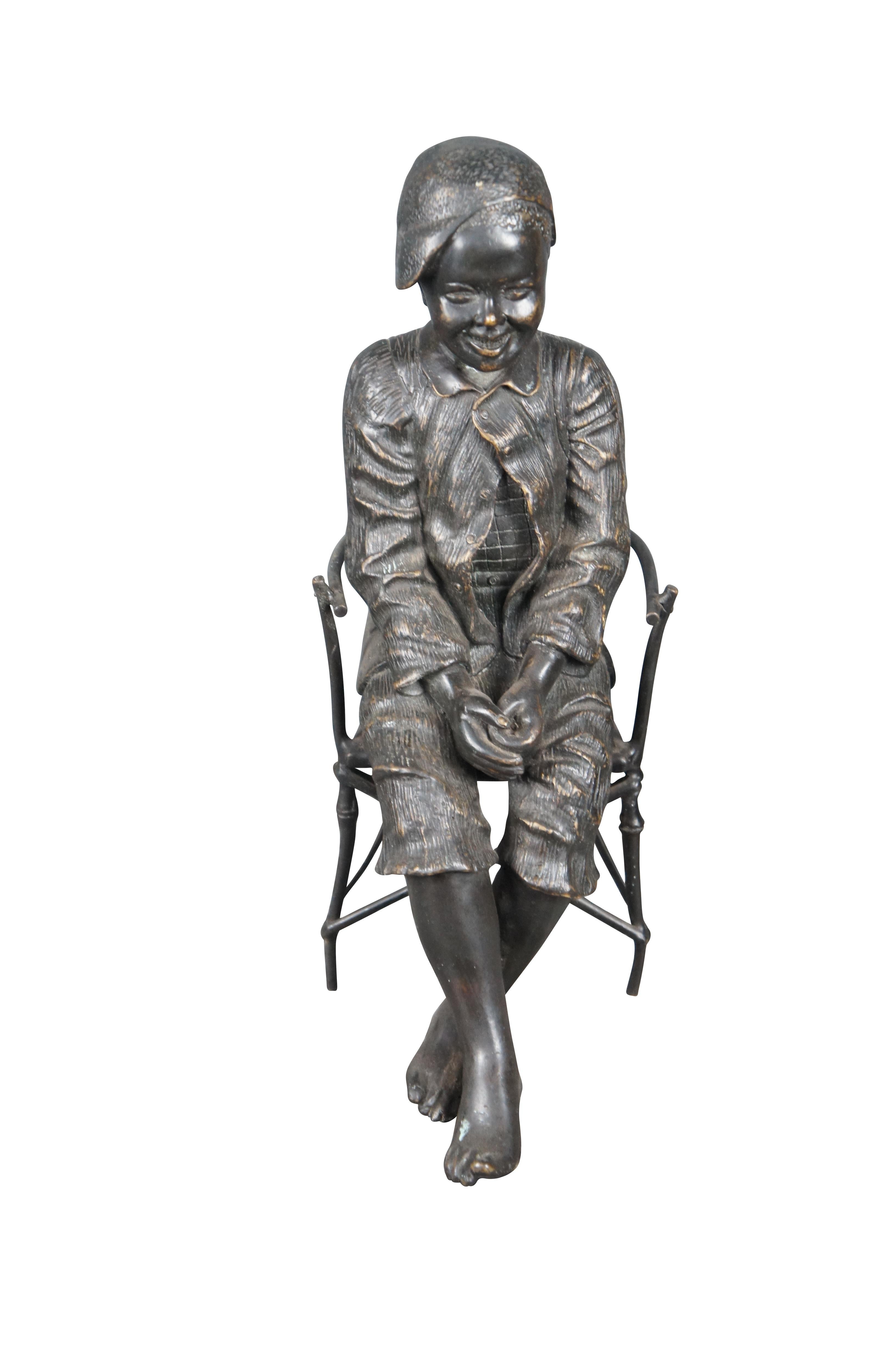 The Boy Fishing Bronze Statue is an antique sculpture by Austrian sculptor and potter Friedrich Goldscheider. It depicts a young boy fishing in a genre scene. The original sculpture is made of terracotta and dates back to around 1893. It was crafted