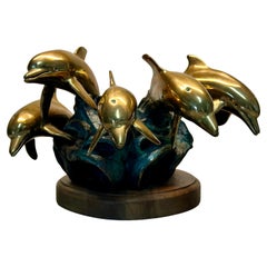 Vintage Bronze & Brass Dolphin Pod Sculpture on Wood Base, Signed