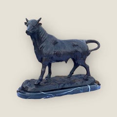 Vintage Farm Animal Bronze Horned Bull Statue With Black Marble Base After Barye