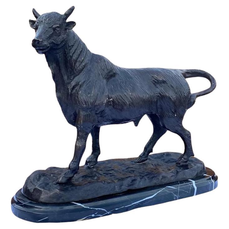 Vintage Bronze Bull Statue With A Marble Base After Barye