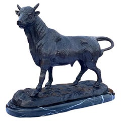 Vintage Bronze Bull Statue With A Marble Base After Barye
