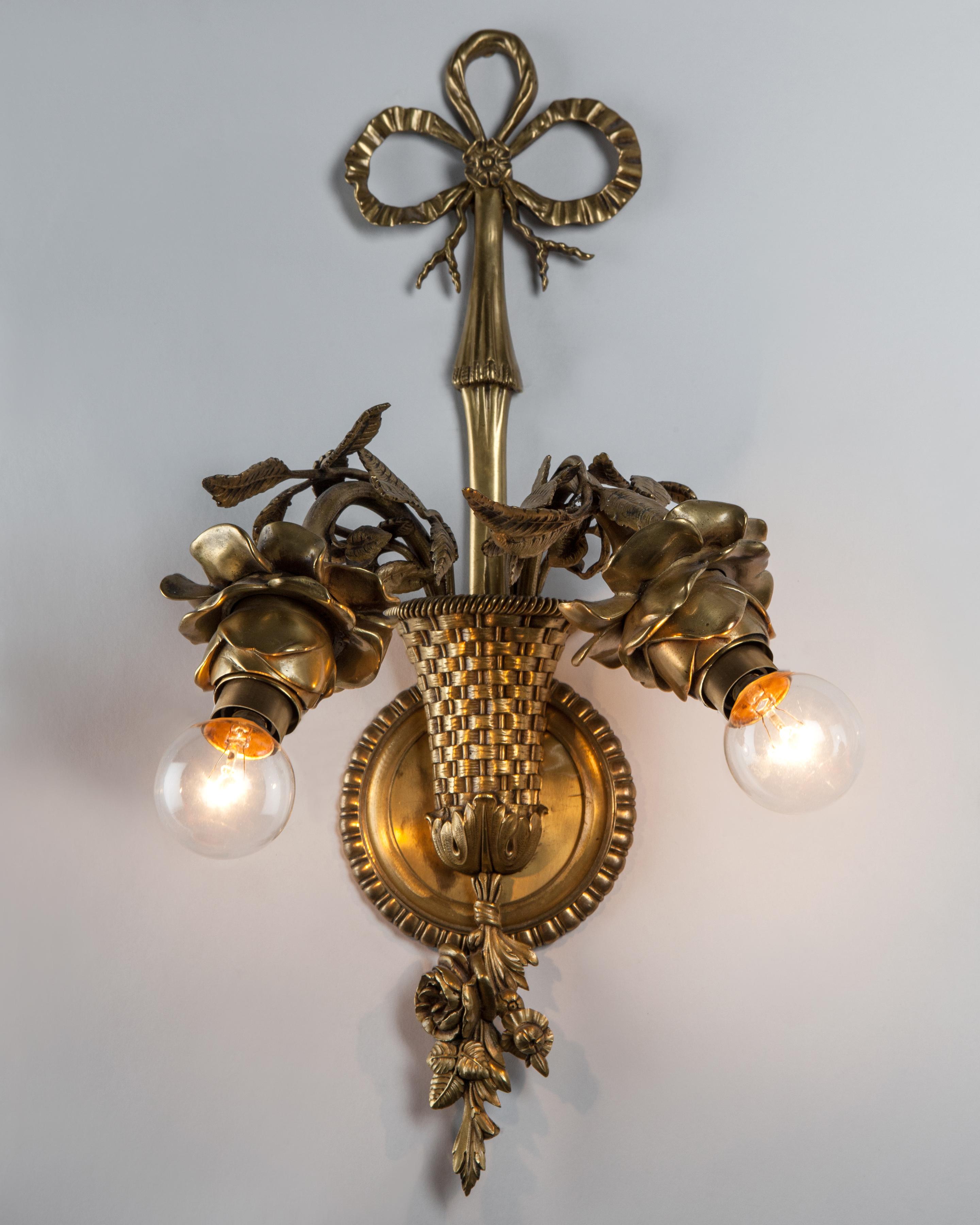 American Antique Bronze Edwardian Detailed Rose Basket Sconces by E. F. Caldwell, c. 1900 For Sale