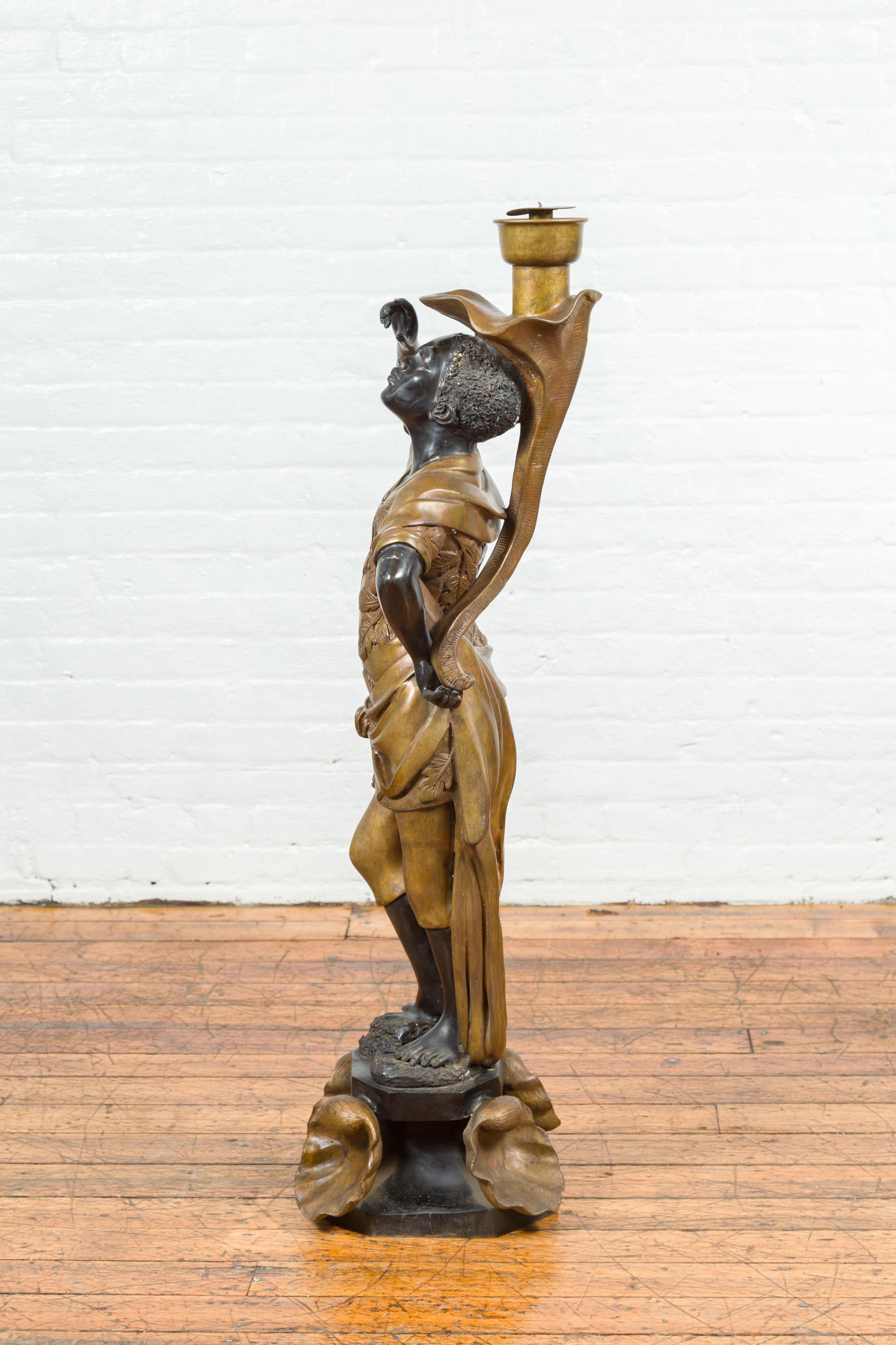 Vintage Bronze Candleholder Statue with Black and Gold Patina, on Shell Base In Good Condition For Sale In Yonkers, NY