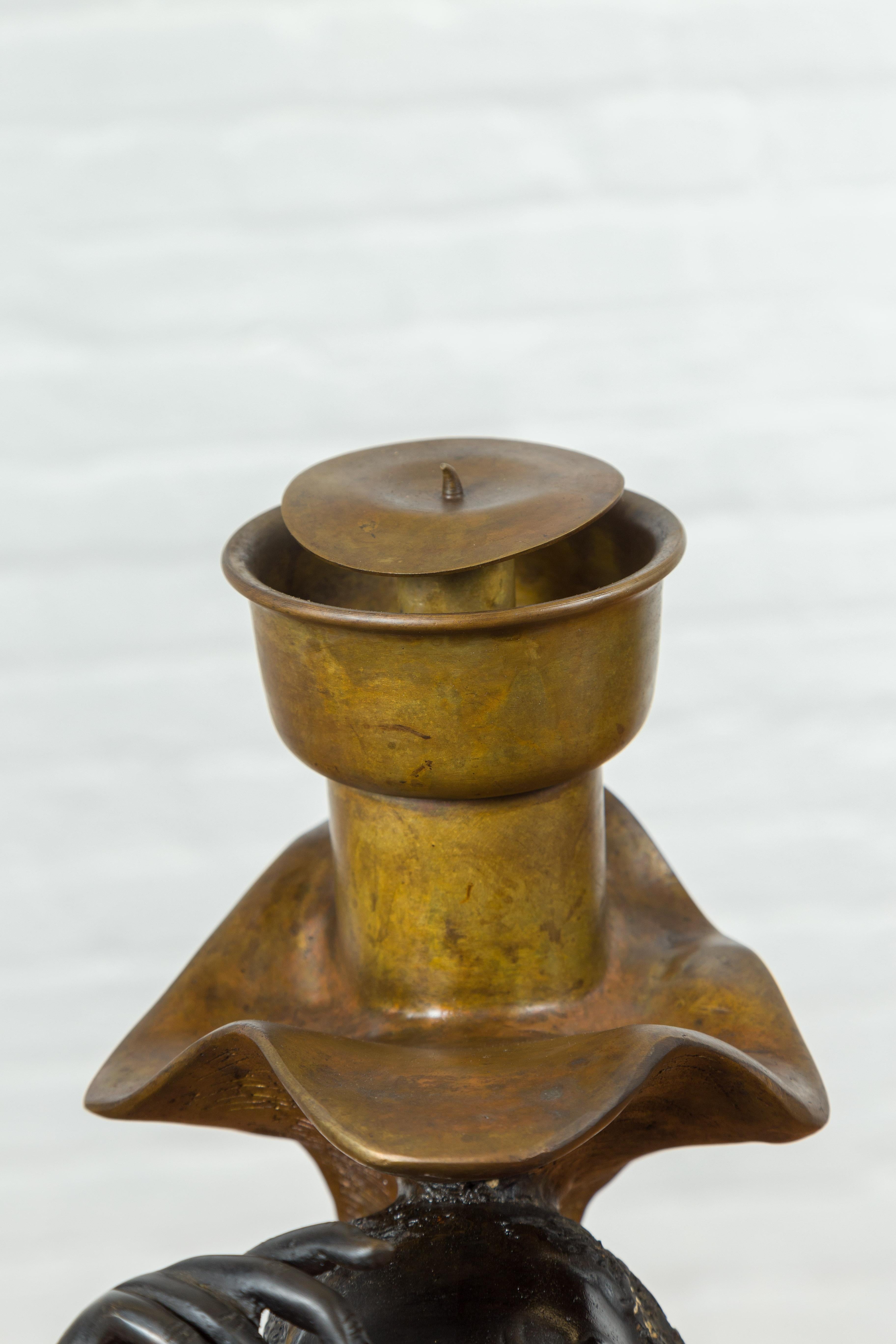 Vintage Bronze Candleholder Statue with Black and Gold Patina, on Shell Base For Sale 4