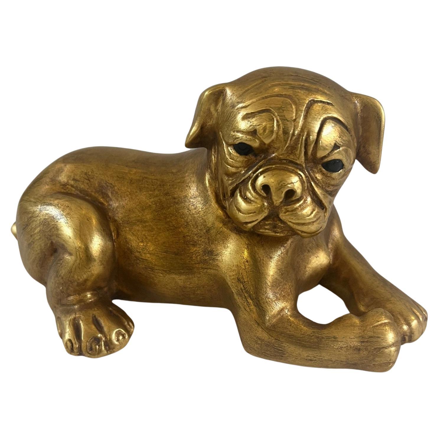Scultura di cane carlino d'epoca in bronzo fuso appena rifinita (dorata) di Maitland Smith