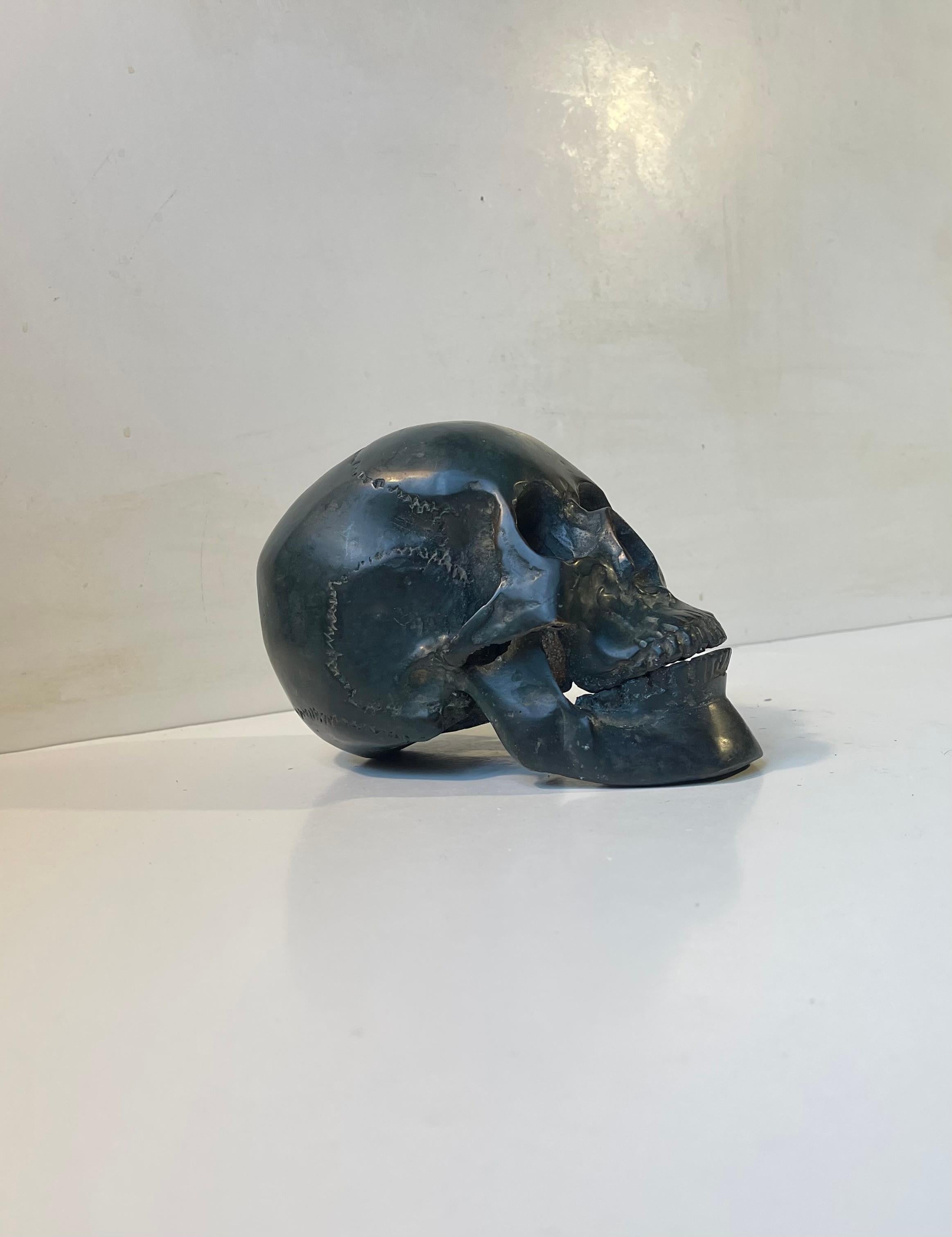 Patinated Vintage Bronze Cast of a Human Skull 1:1, 1950s For Sale