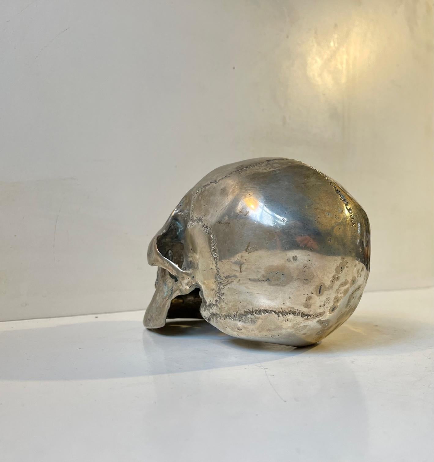 Silver Plate Vintage Bronze Cast of a Human Skull 1:1, 1950s For Sale