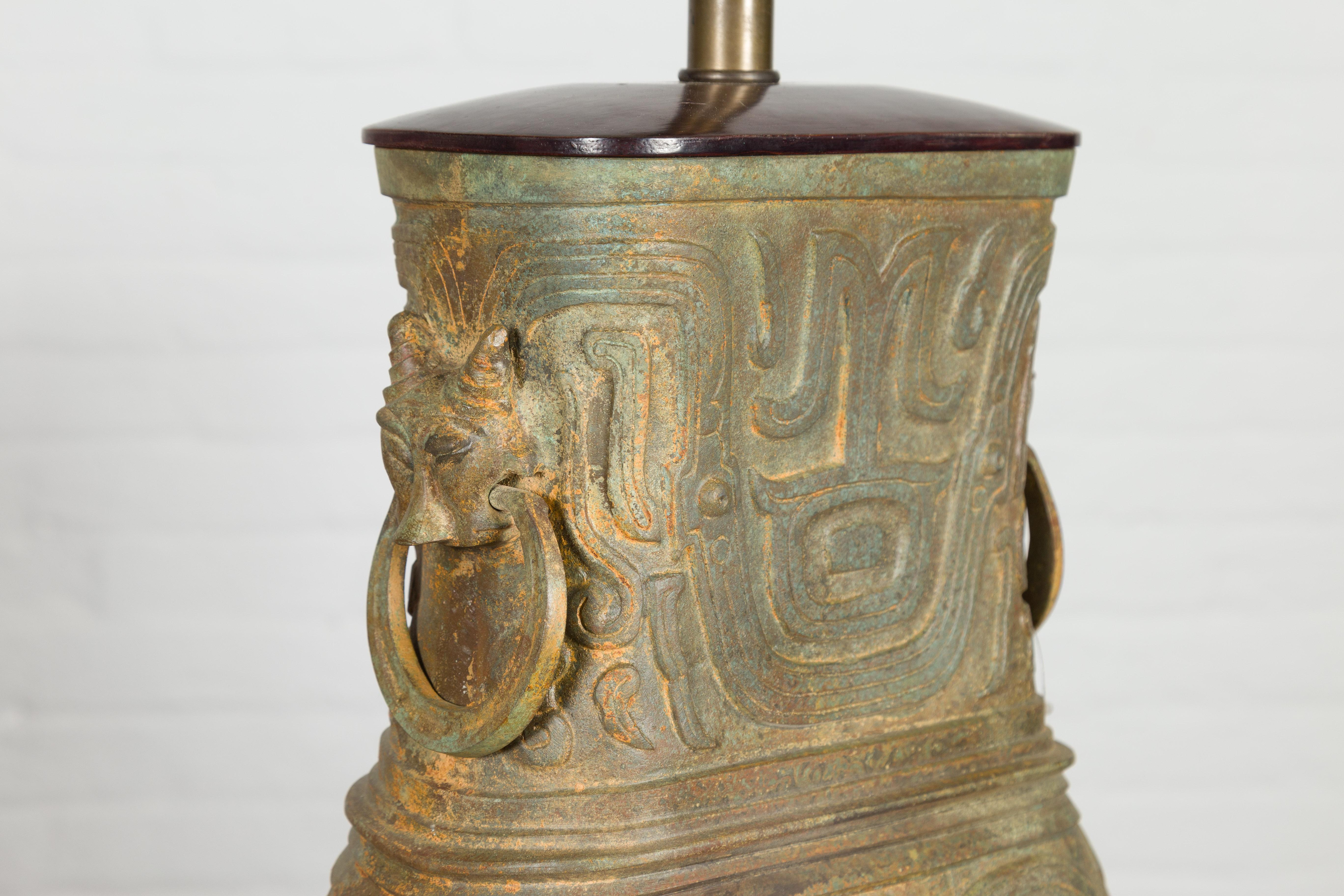 Vintage Bronze Chinese Hu Vessel Inspired Table Lamp with Mythical Creatures For Sale 5