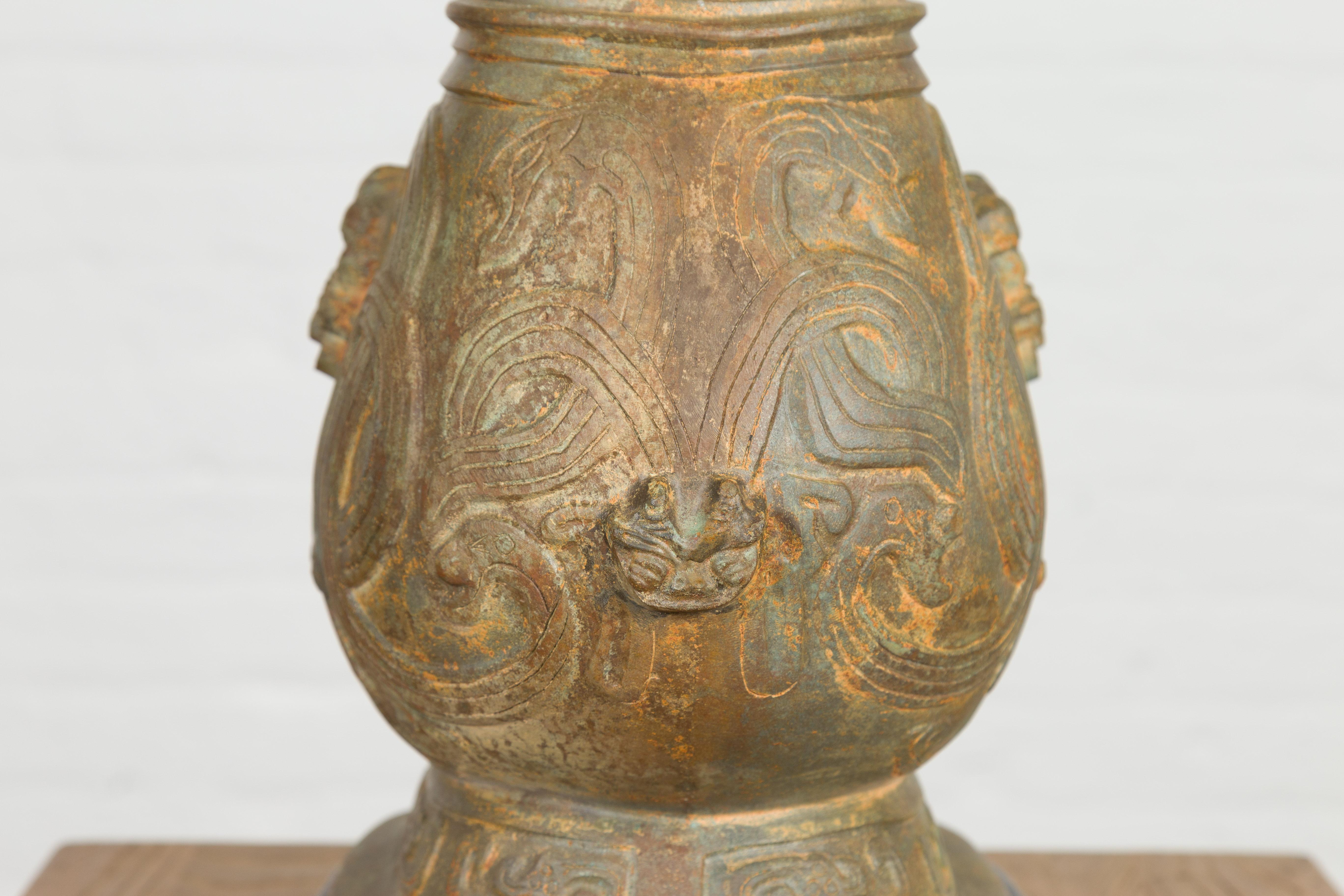 Vintage Bronze Chinese Hu Vessel Inspired Table Lamp with Mythical Creatures For Sale 9