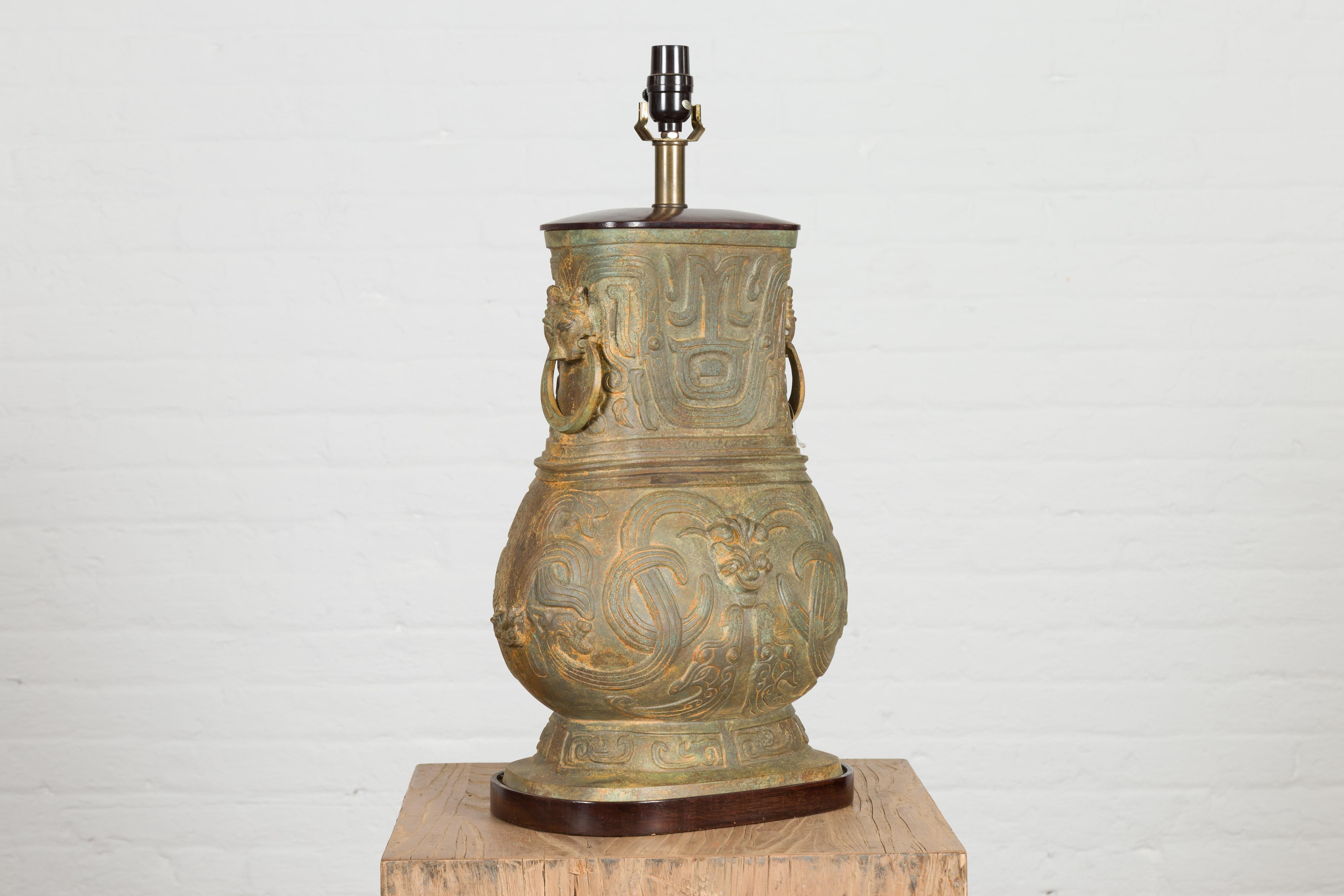 Vintage Bronze Chinese Hu Vessel Inspired Table Lamp with Mythical Creatures In Good Condition For Sale In Yonkers, NY