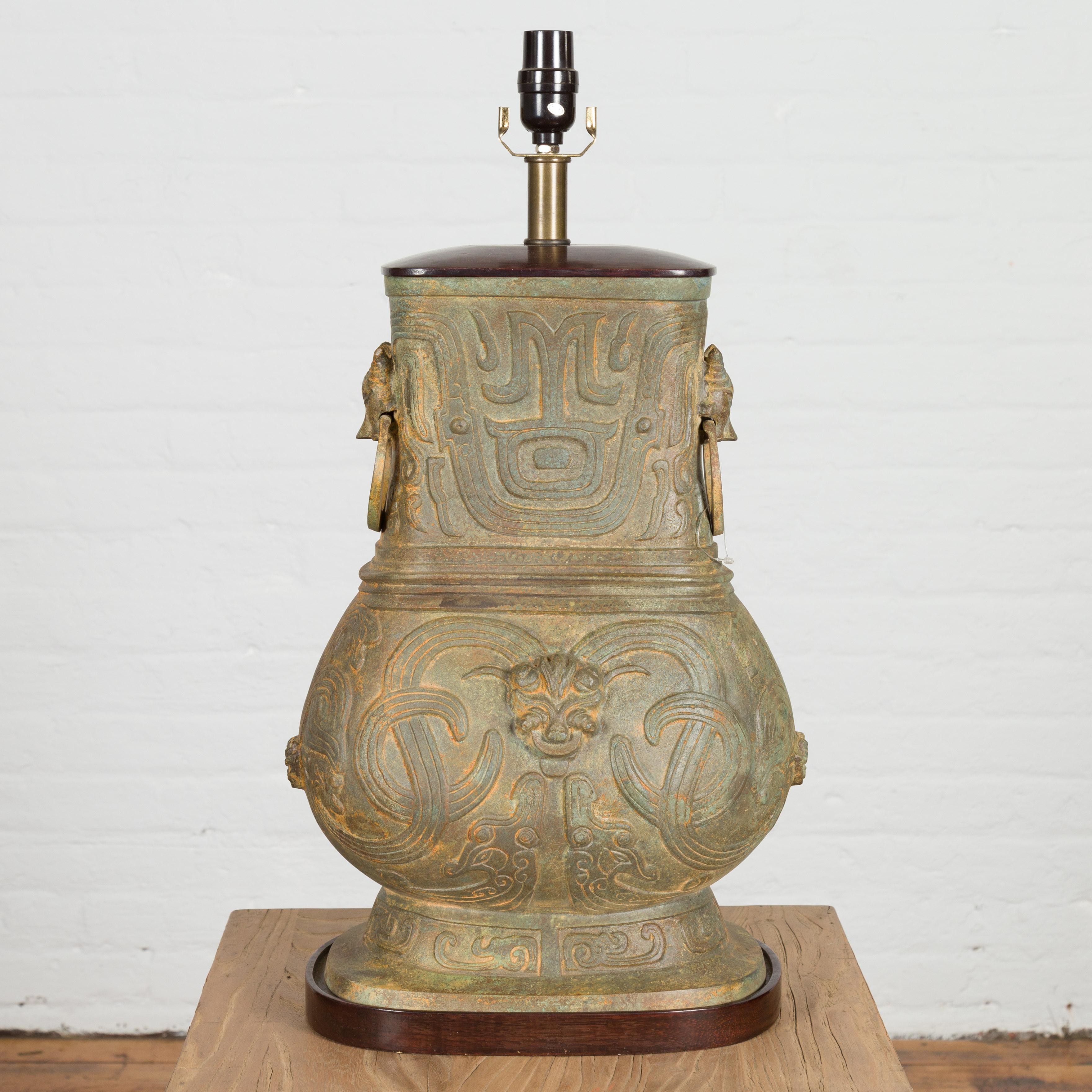 20th Century Vintage Bronze Chinese Hu Vessel Inspired Table Lamp with Mythical Creatures For Sale