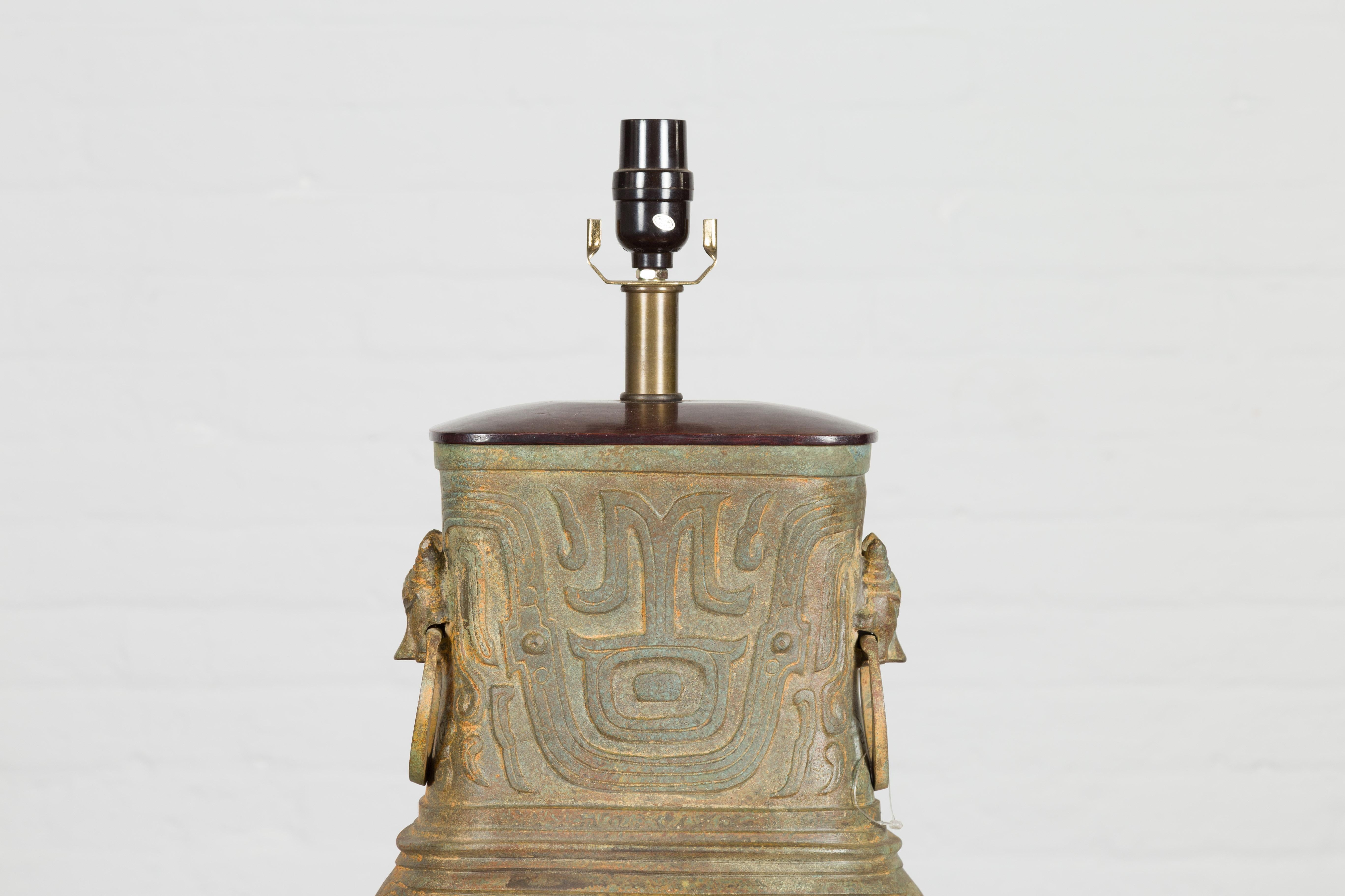 Brass Vintage Bronze Chinese Hu Vessel Inspired Table Lamp with Mythical Creatures For Sale