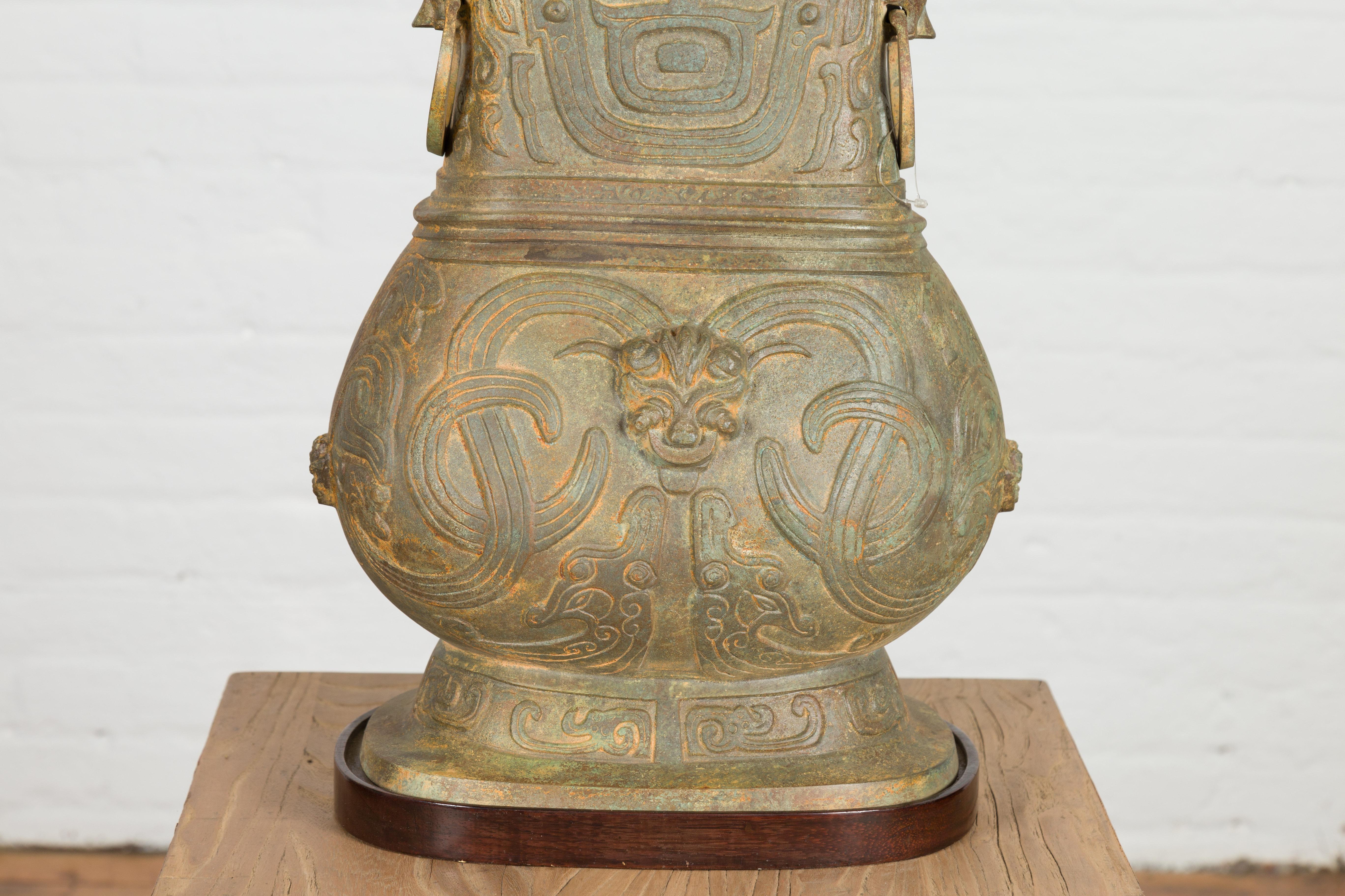 Vintage Bronze Chinese Hu Vessel Inspired Table Lamp with Mythical Creatures For Sale 1