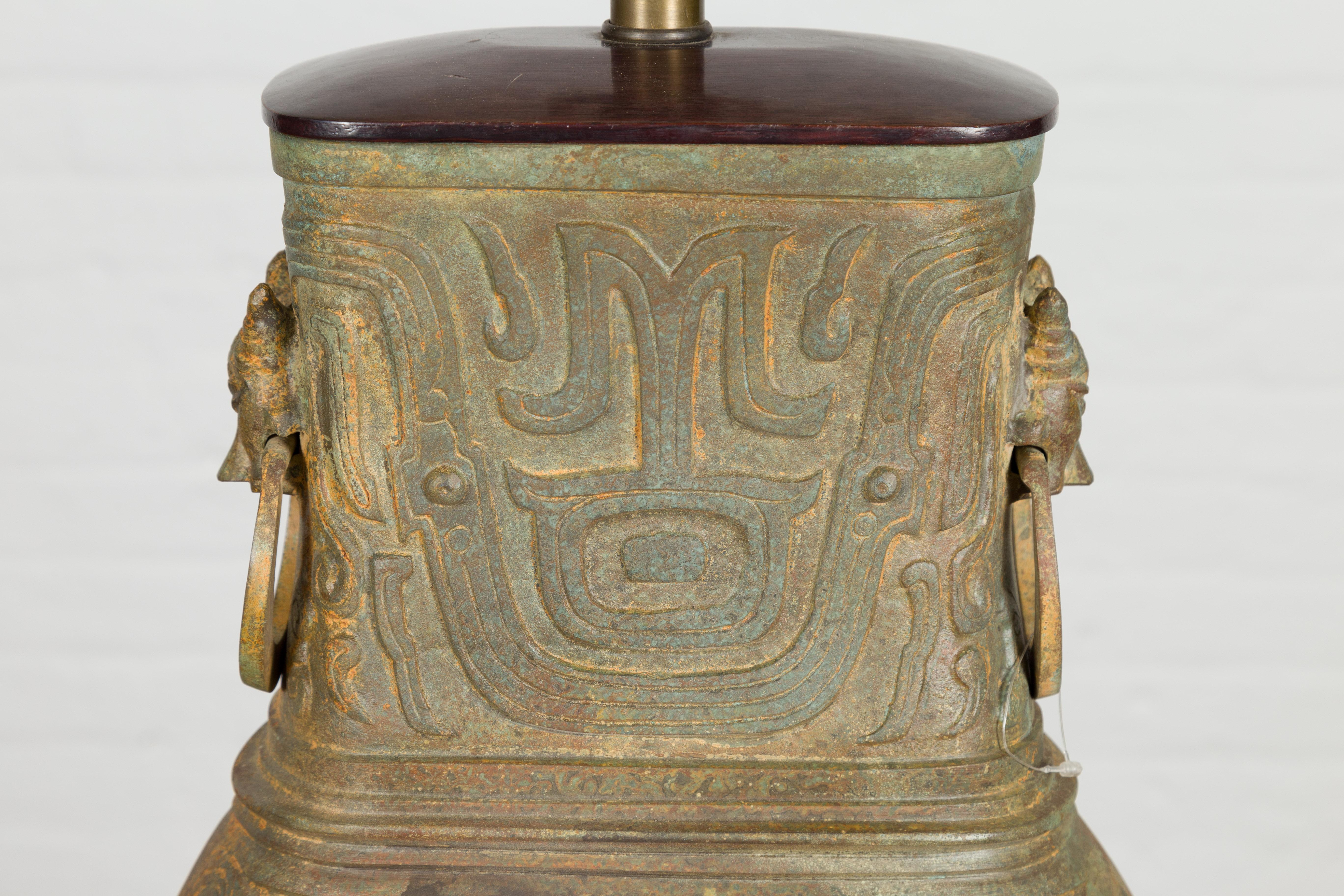 Vintage Bronze Chinese Hu Vessel Inspired Table Lamp with Mythical Creatures For Sale 2