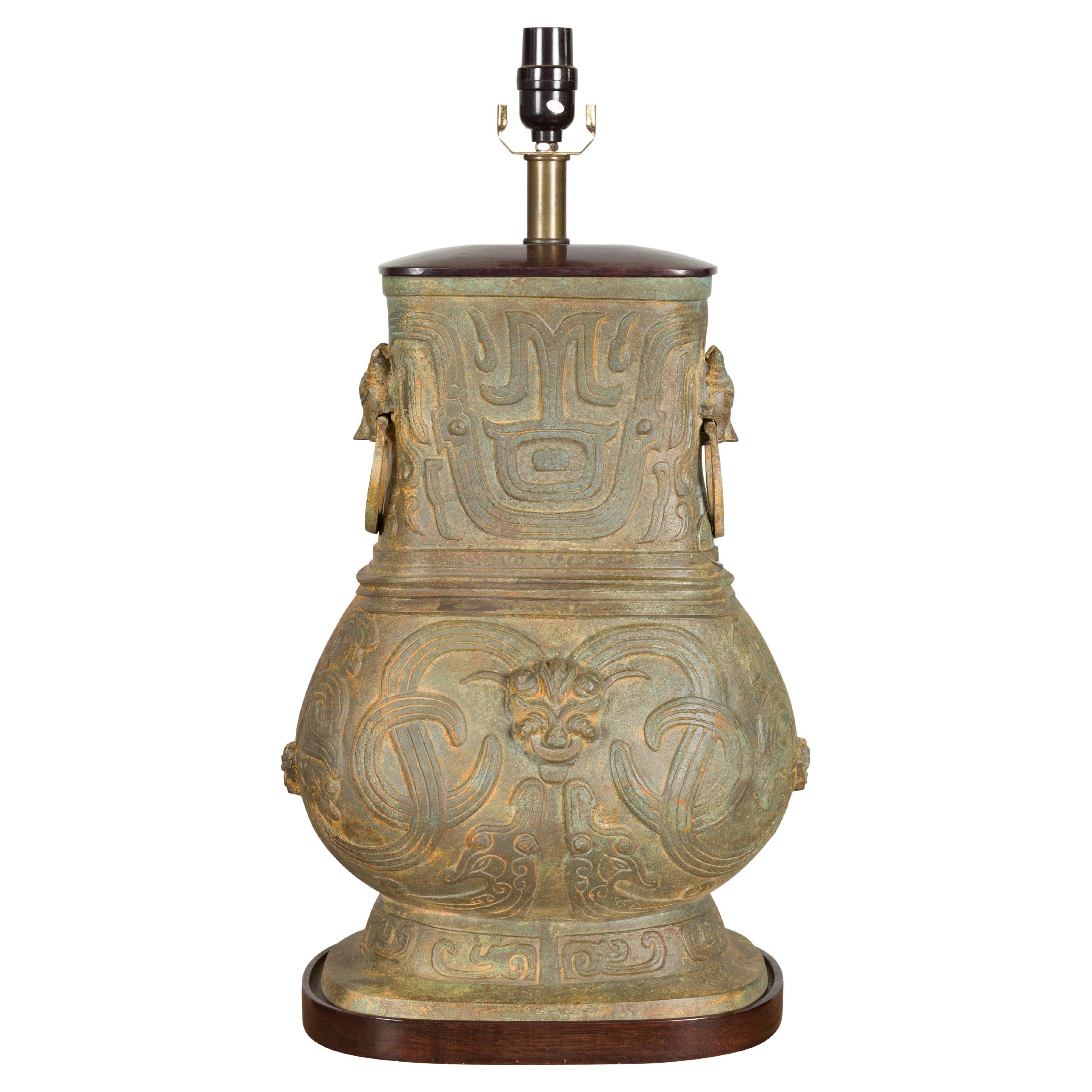 Vintage Bronze Chinese Hu Vessel Inspired Table Lamp with Mythical Creatures For Sale