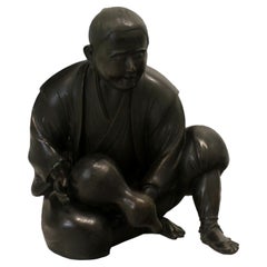 Große chinesische Bronze-Skulptur eines chinesischen Gelehrten, der Kürbis hält