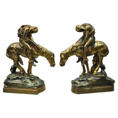 Vintage Bronze Clad End of Trail Indian on Horse Figure Bookends, a Pair