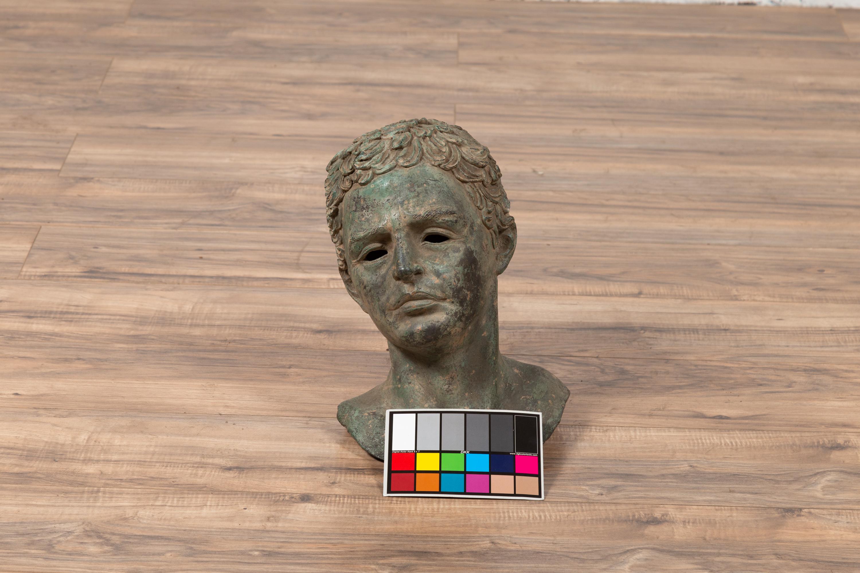 Vintage Bronze Classical Bust of a Roman Philosopher with Verdigris Patina 2