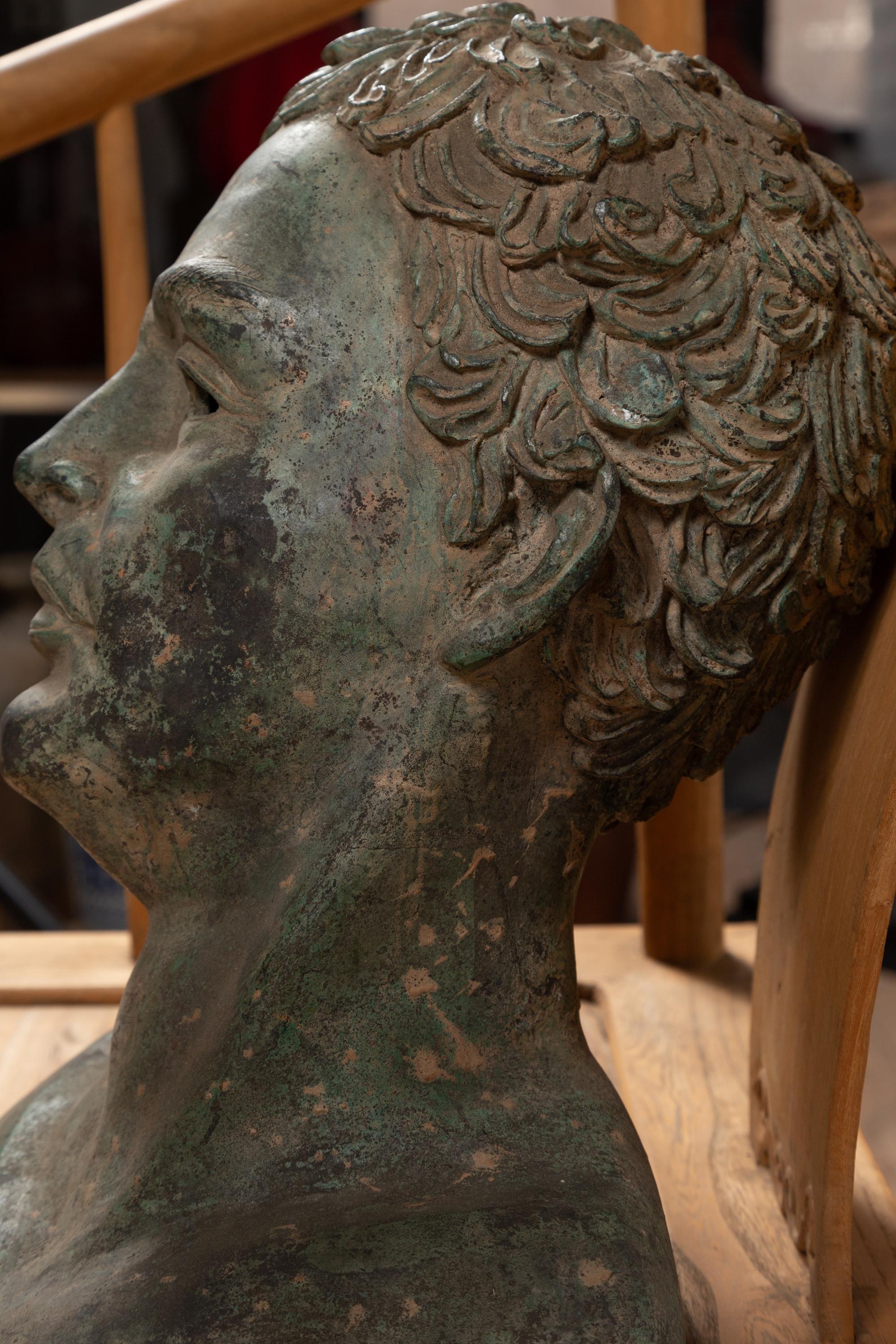 Vintage Bronze Classical Bust of a Roman Philosopher with Verdigris Patina In Good Condition In Yonkers, NY