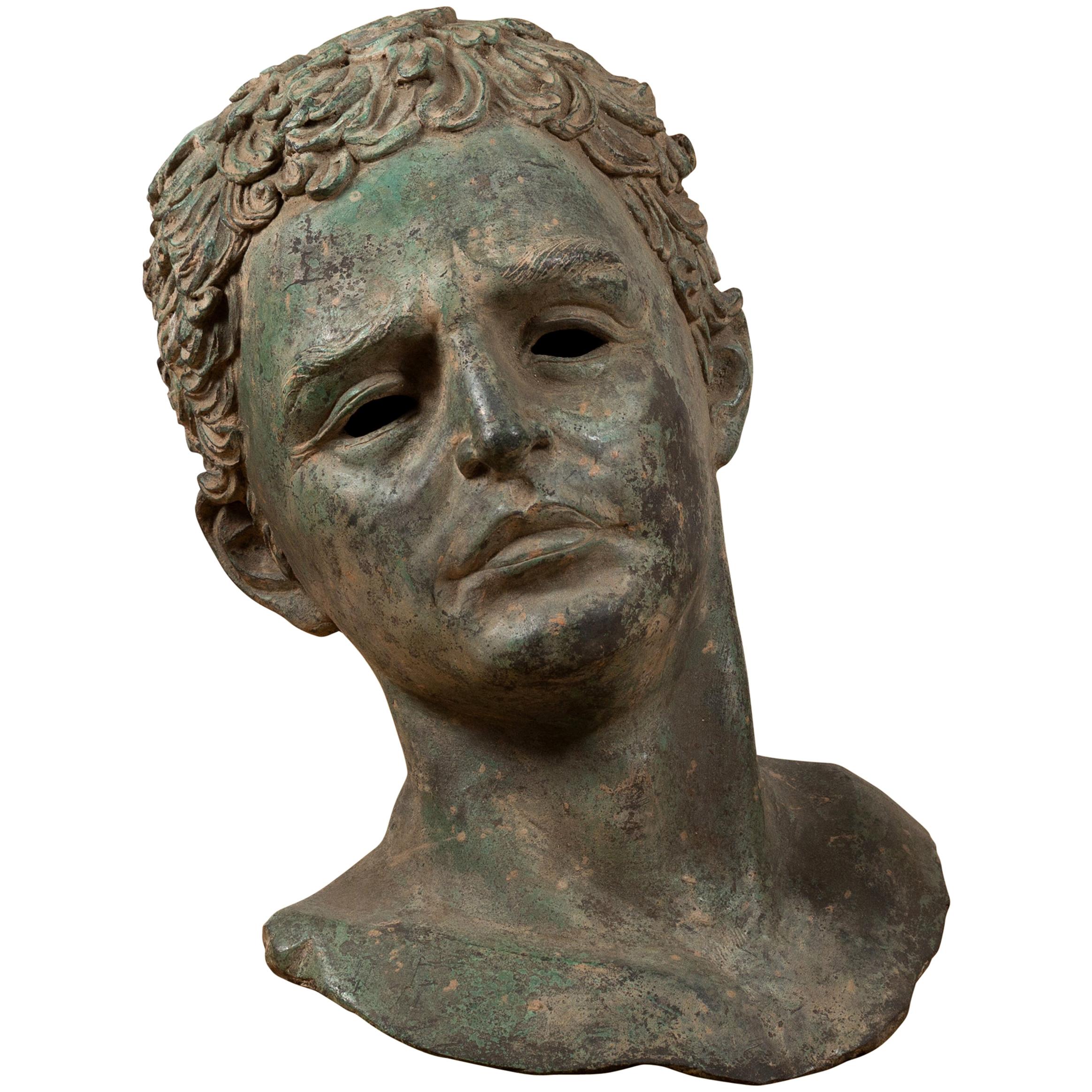 Vintage Bronze Classical Bust of a Roman Philosopher with Verdigris Patina